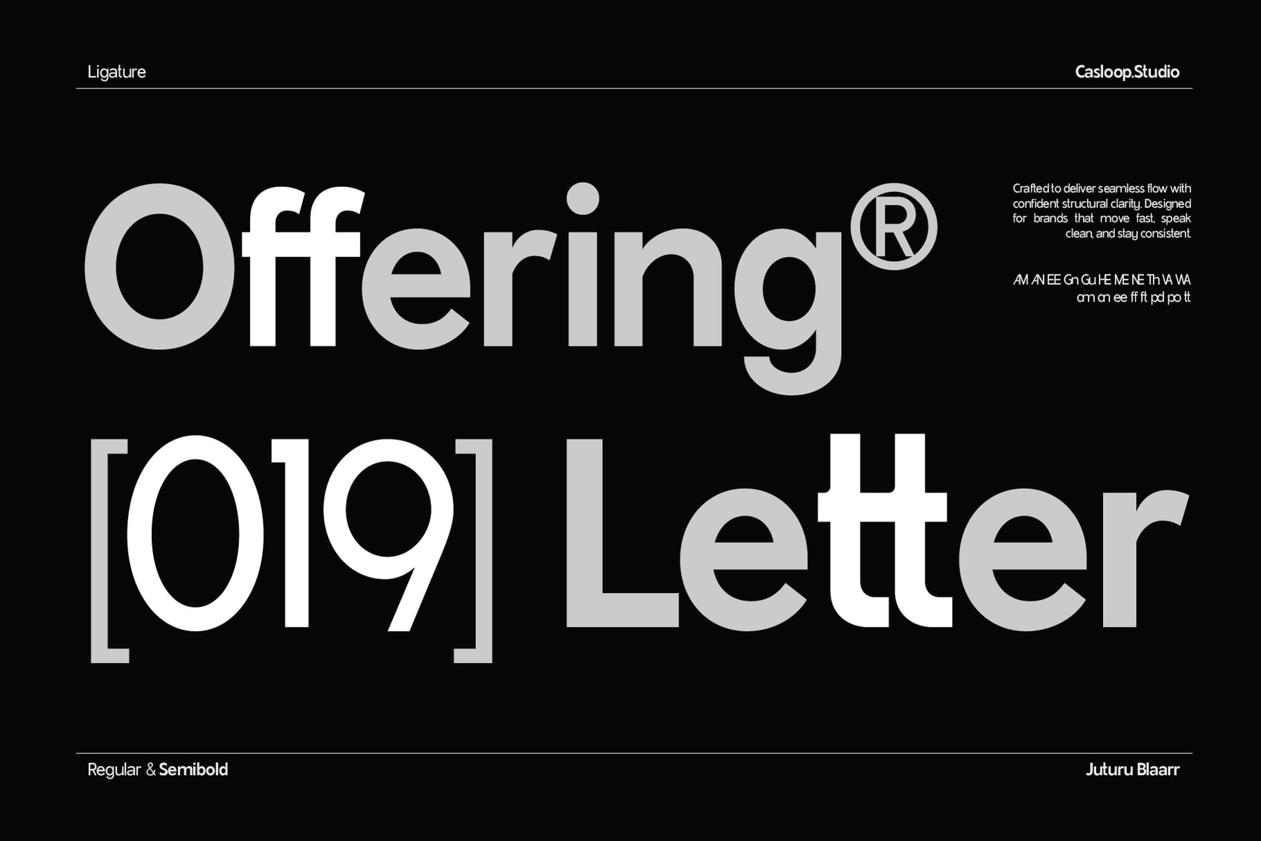 Offering typeface specimen showing bold sans serif in regular plus semibold weights on black