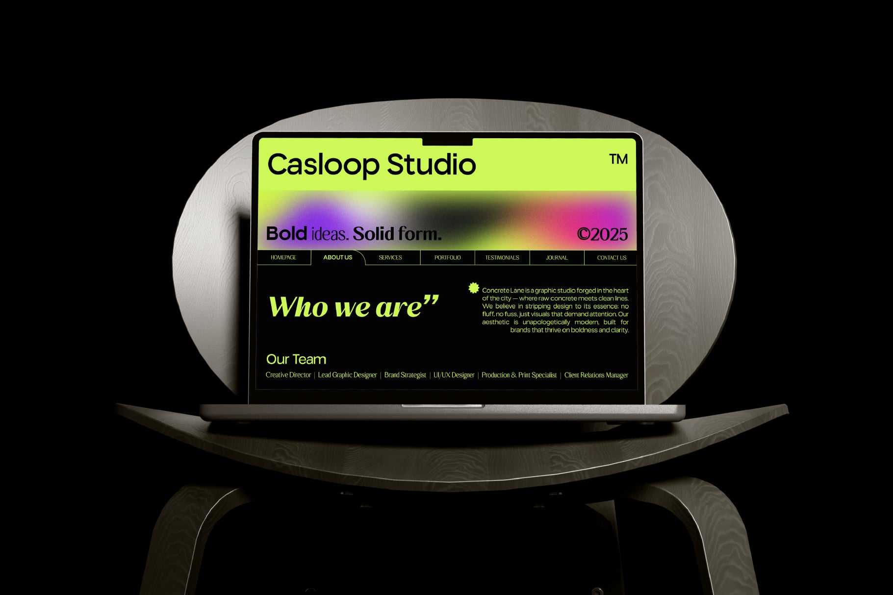 Laptop mockup displaying bright neon yellow website design with dark background on curved chair