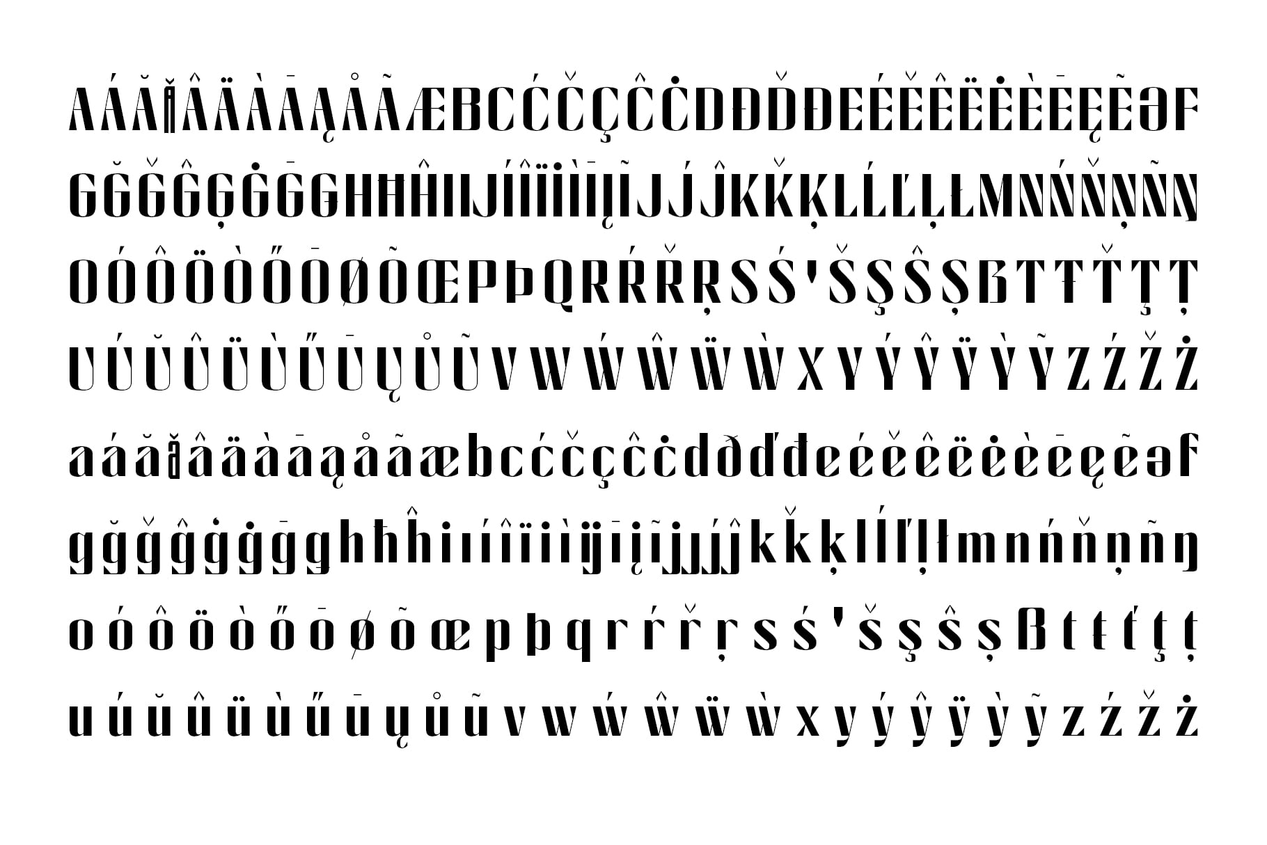 Bold serif font with extensive diacritical marks, accents, ligatures for multilingual typography