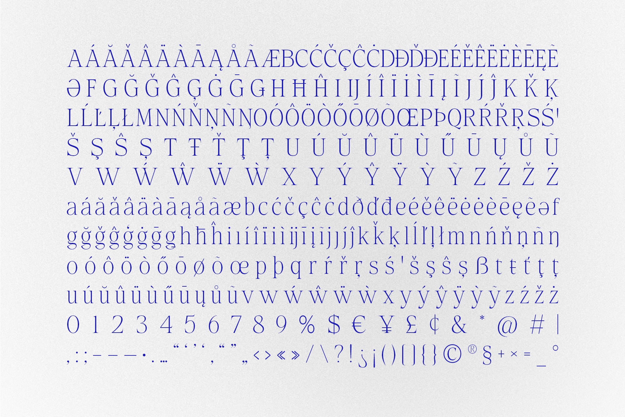 Blue serif font with extensive international character set, accents, symbols, numbers displayed in rows