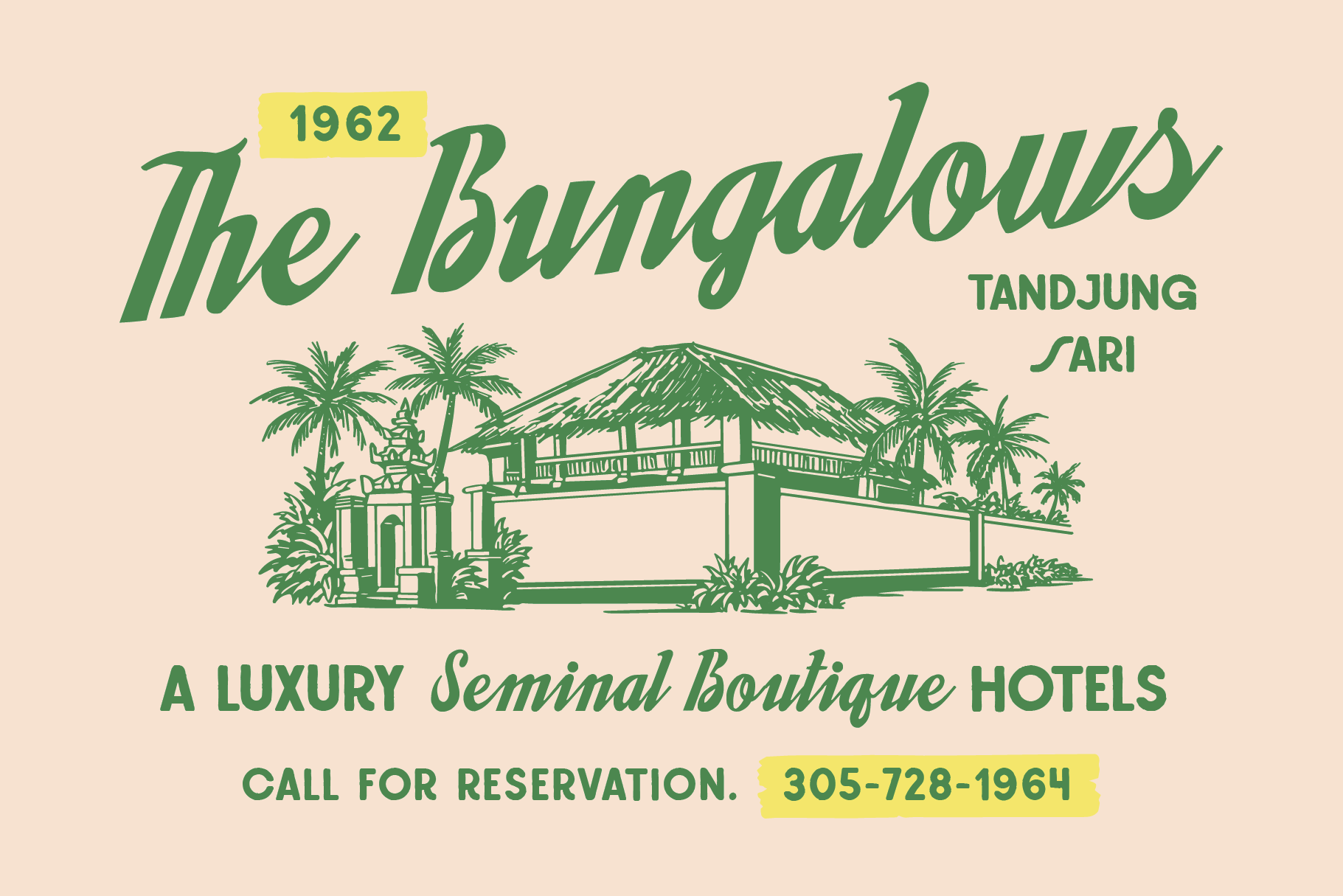 Vintage 1962 hotel advertisement for tropical bungalow resort with retro green lettering