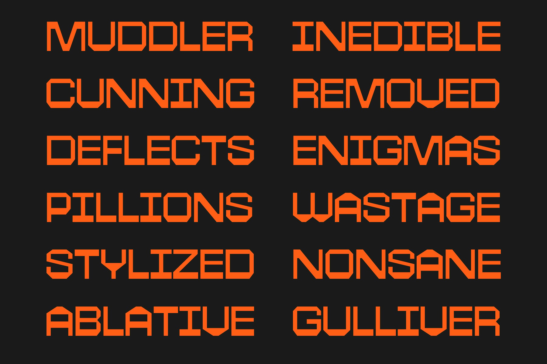 Bright orange futuristic font with chunky geometric letterforms on dark background