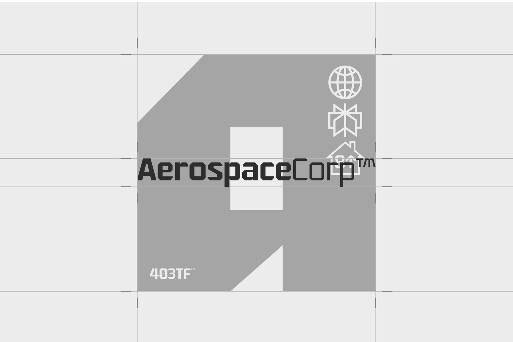 Gray envelope mockup with AerospaceCorp branding, minimal line icons, grid overlay
