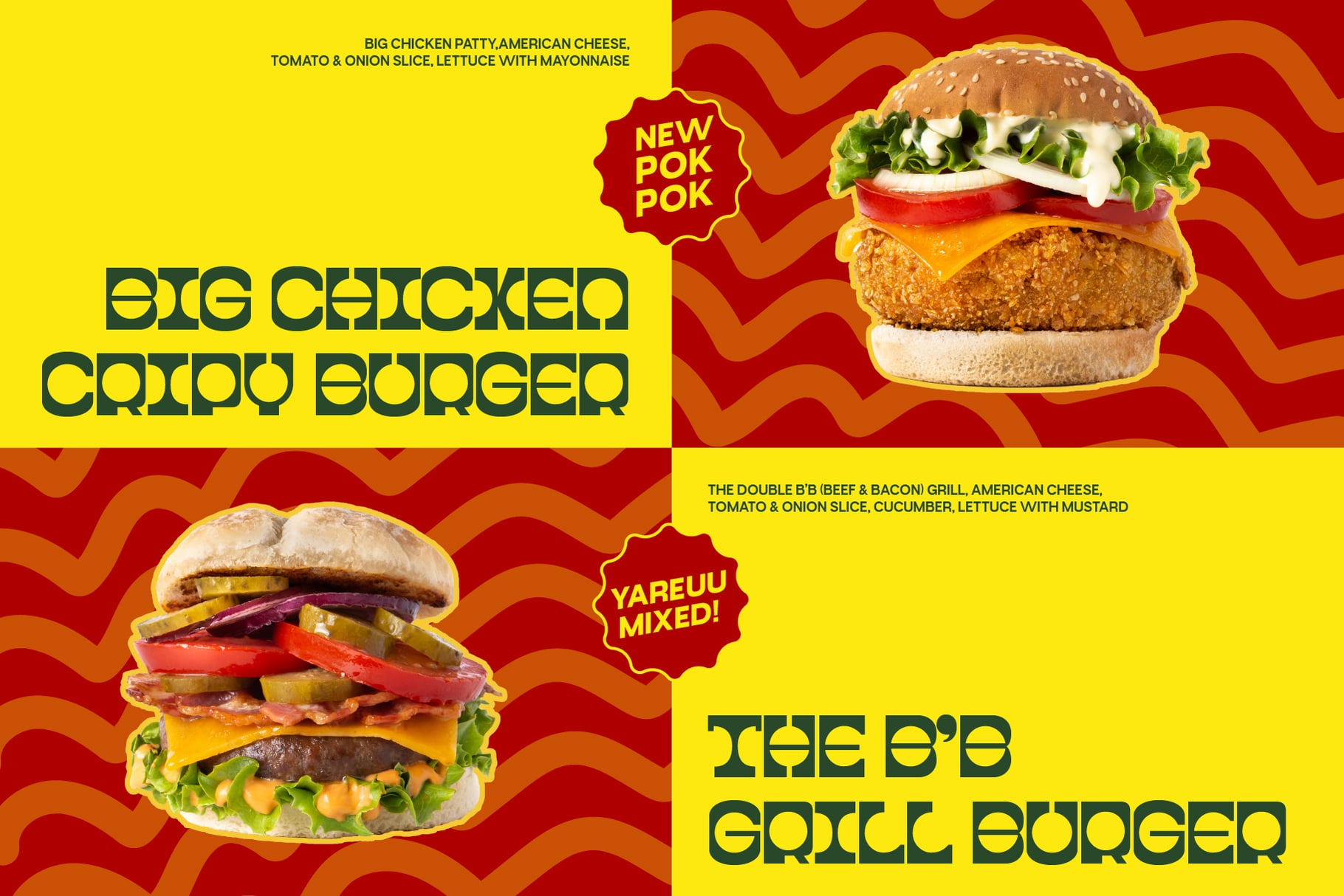 Colorful burger menu mockup with chicken patty, beef bacon, cheese, fresh toppings on wavy red yellow background