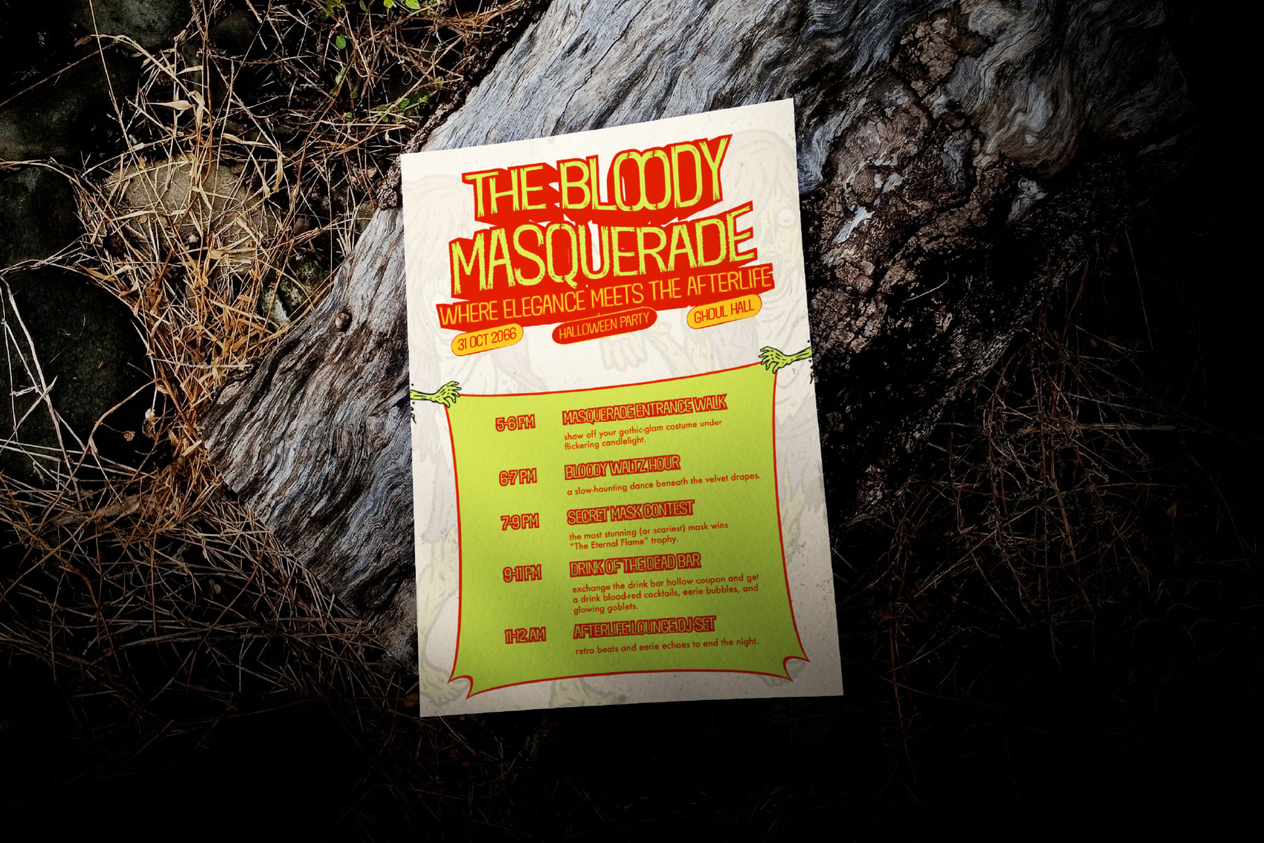 Retro Halloween party flyer with bold red type on neon yellow, laid on weathered wood with dried grass