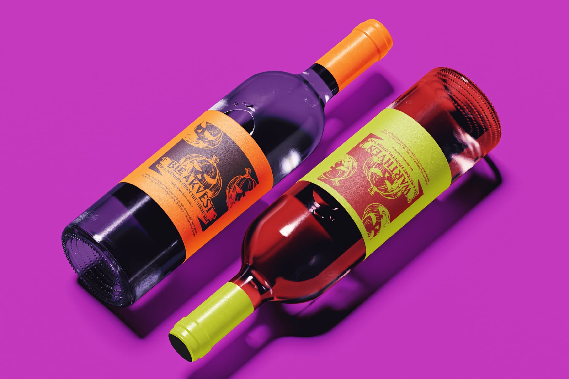Two wine bottles with ornate gold labels on bright magenta background with sharp shadows