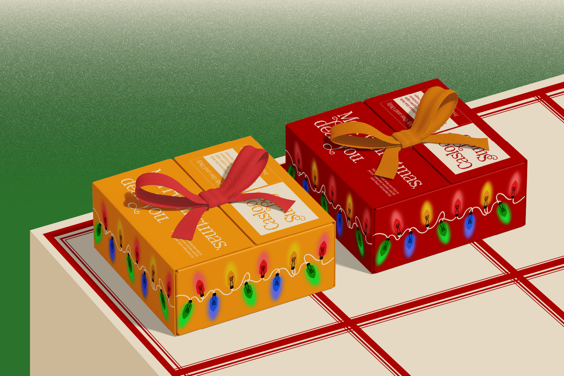 Festive gift boxes in red plus gold with colorful light strings, ribbon bows on gradient green backdrop