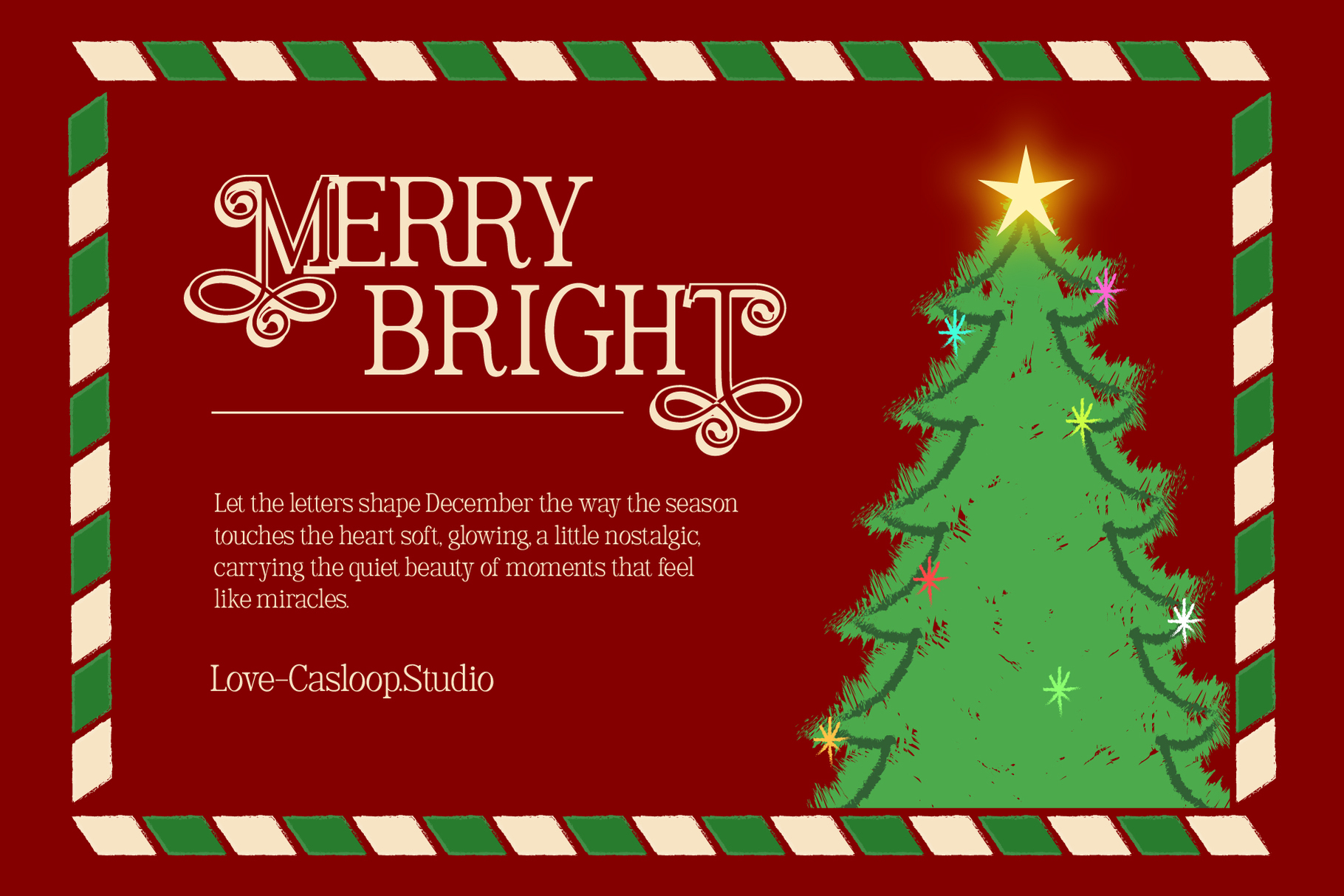 Retro holiday card with "Merry Bright" text, decorated tree with gold star, candy cane border