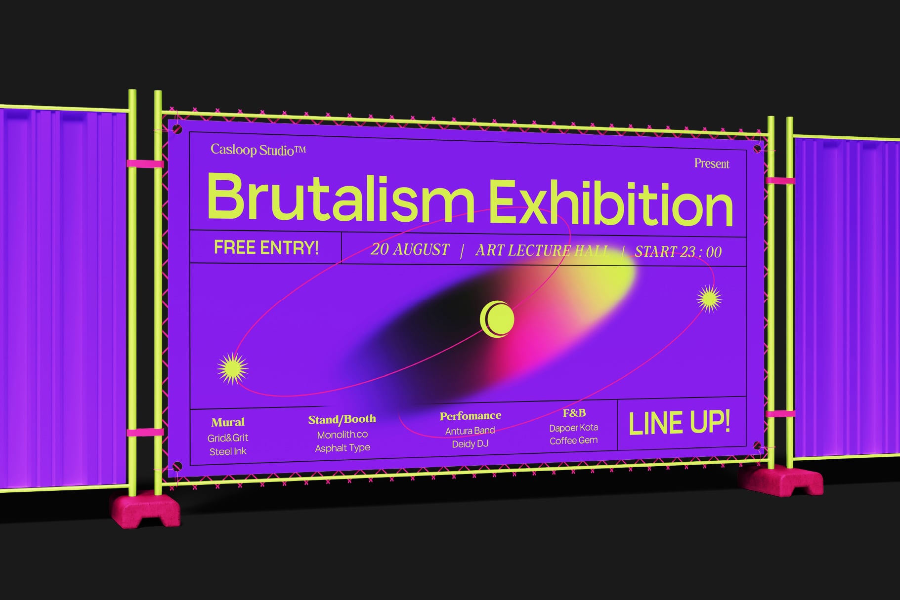 Neon brutalism exhibition poster mockup with vibrant purple, pink, yellow gradient on dark background