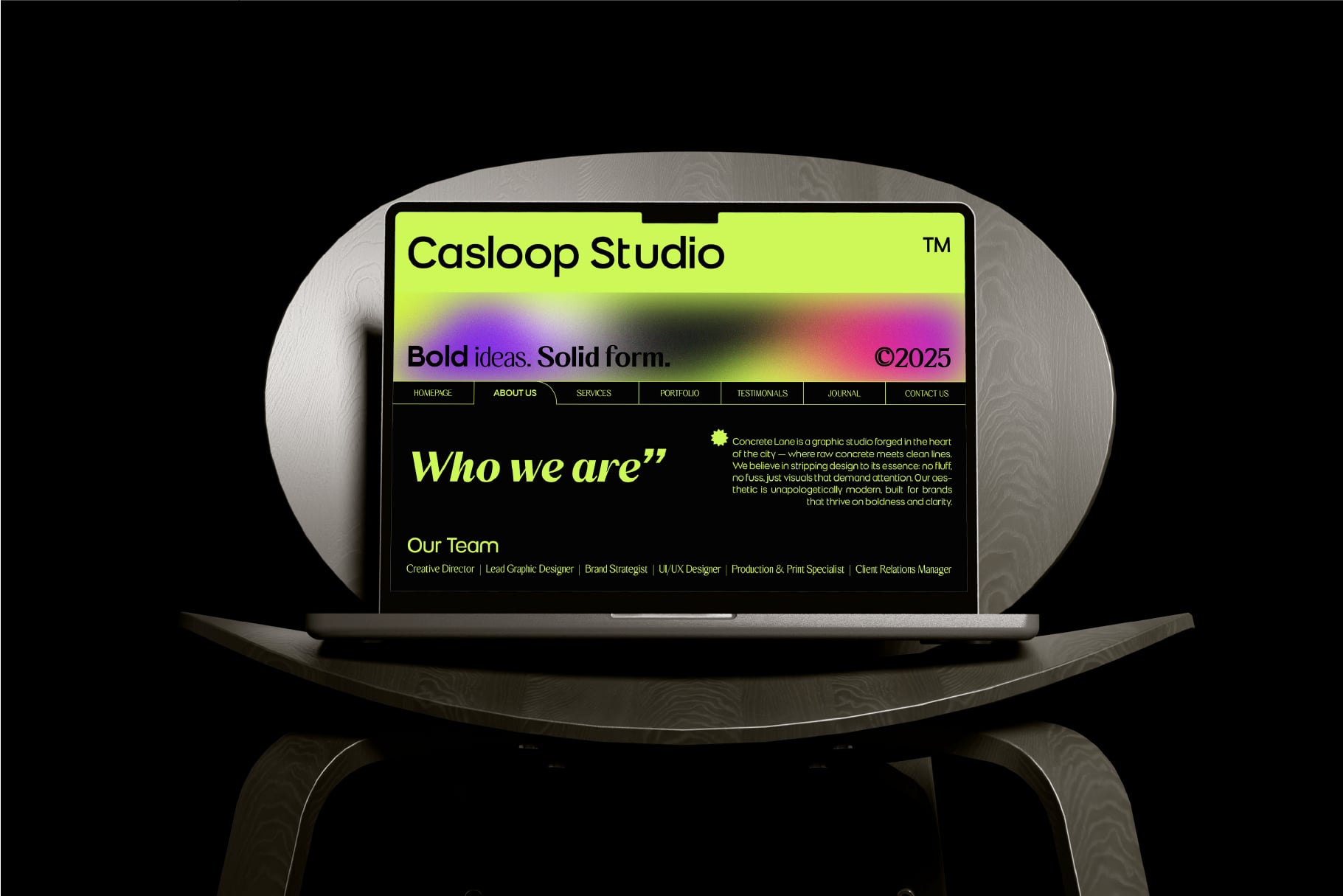 Laptop mockup showing Casloop Studio website with neon yellow header, gradient blur effect, dark layout, navigation menu, team section