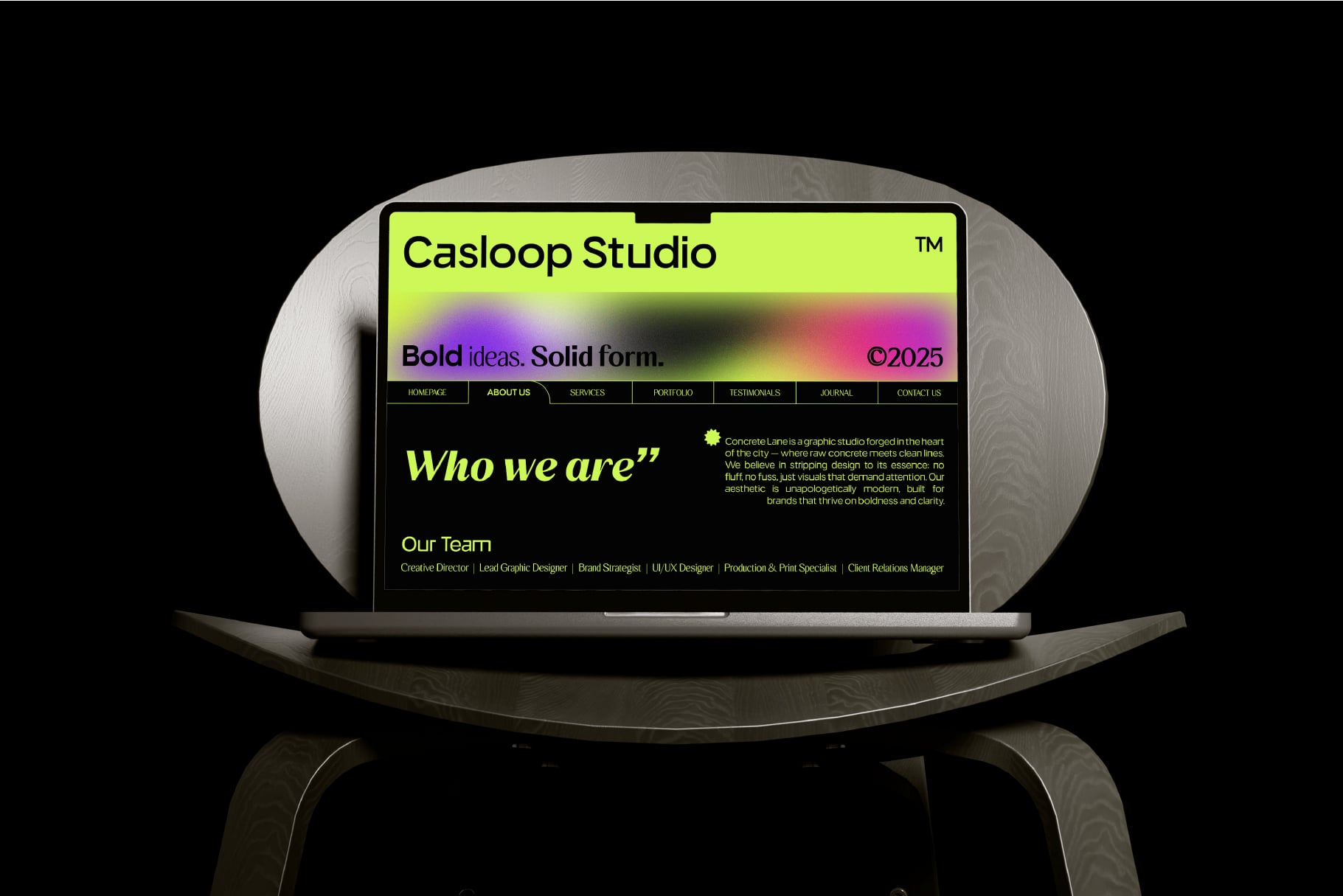Laptop mockup showing neon yellow header with vibrant gradient, dark navigation menu, bold italics typography layout