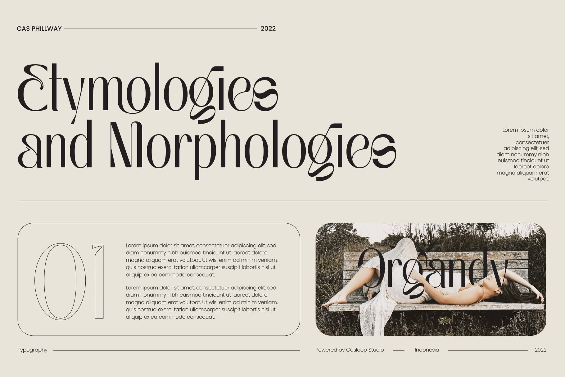 Cas Phillway 2022 editorial layout with serif typography, lorem ipsum body text, numbered section