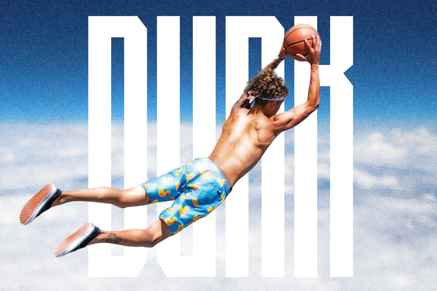 Shirtless basketball player mid-jump shot with bold white striped text overlay