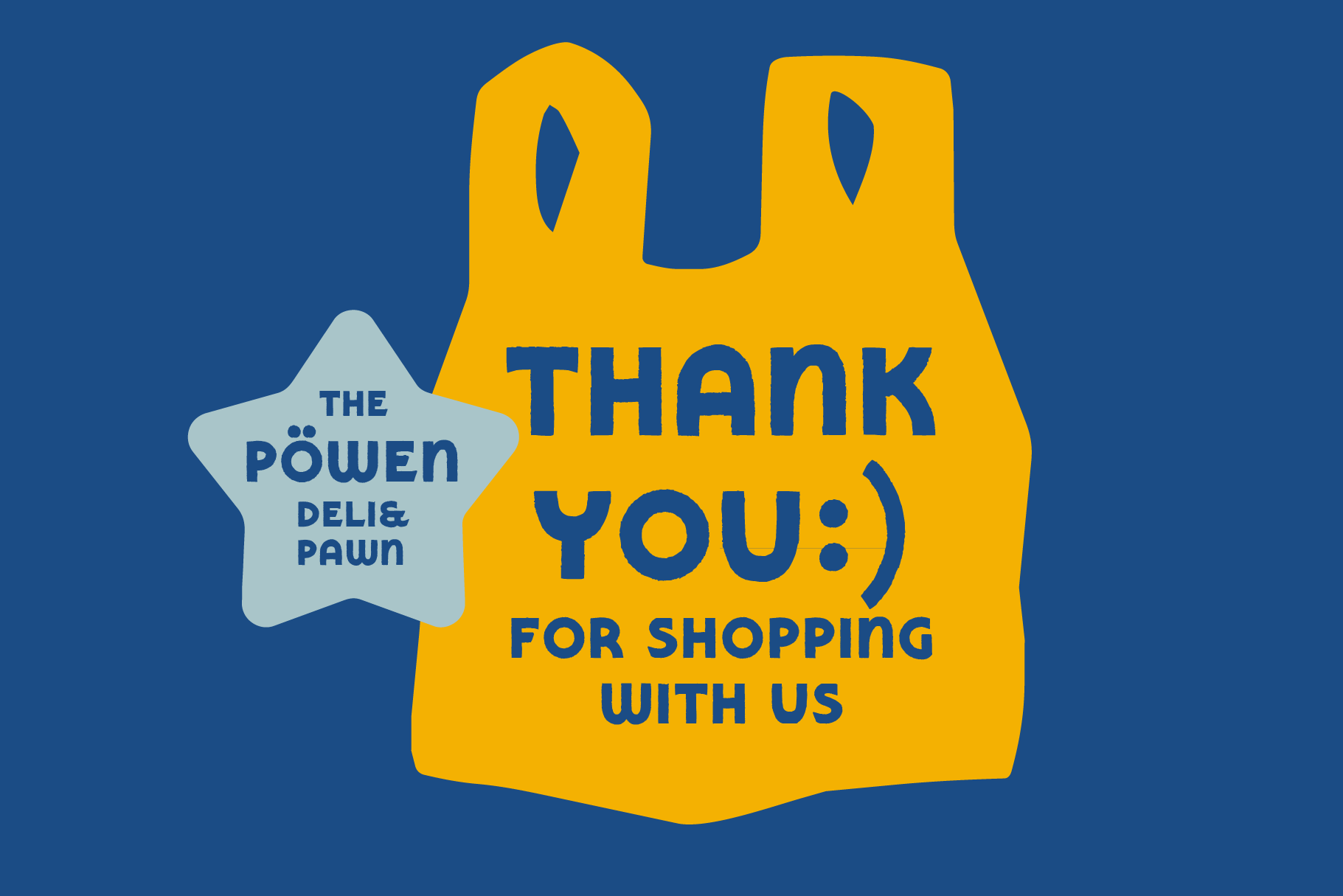 Bright yellow shopping bag with thank you message on blue background with star badge