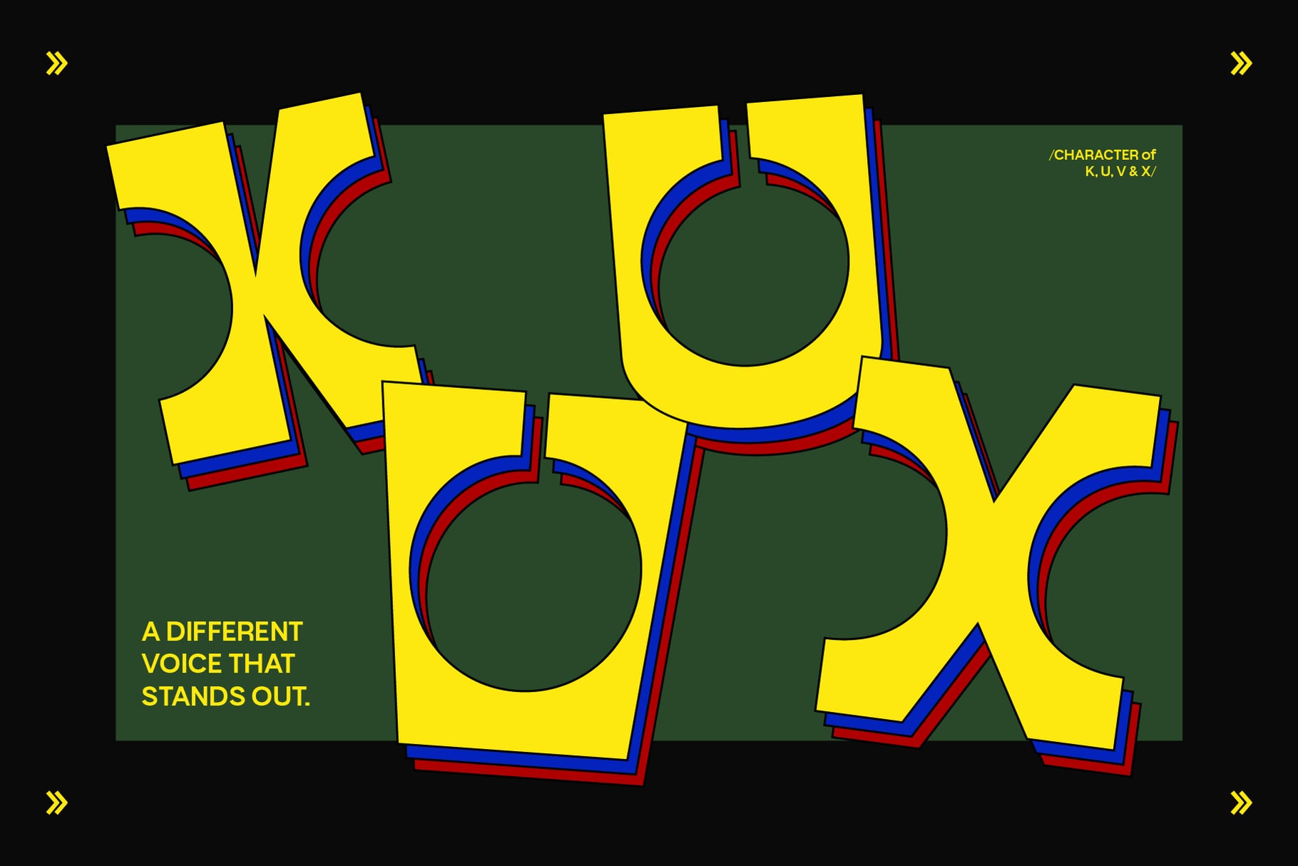 Bold yellow font with red blue outlines on dark green background showing K, U, V, X characters
