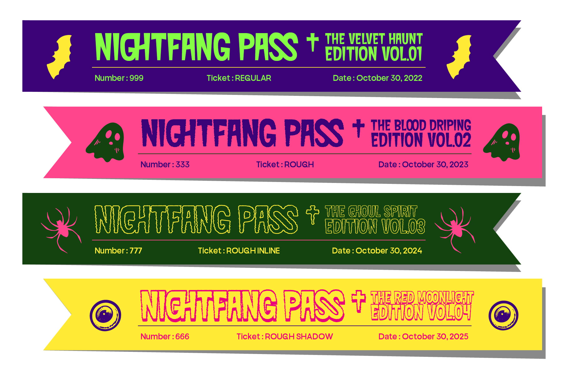 Nightfang Pass ticket designs with four colorful editions featuring spooky graphics