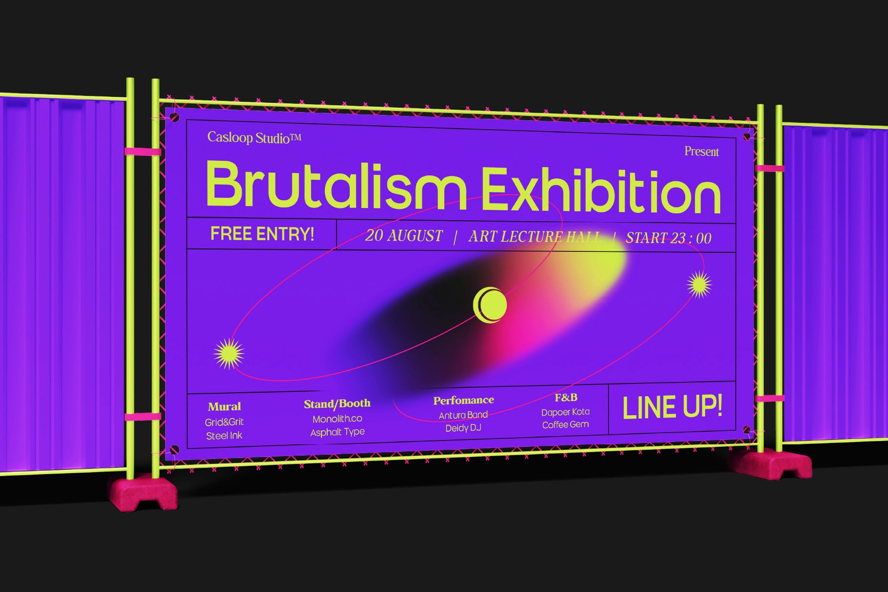 Neon brutalism exhibition poster mockup with bold yellow type, purple gradient, glowing orbs on dark background