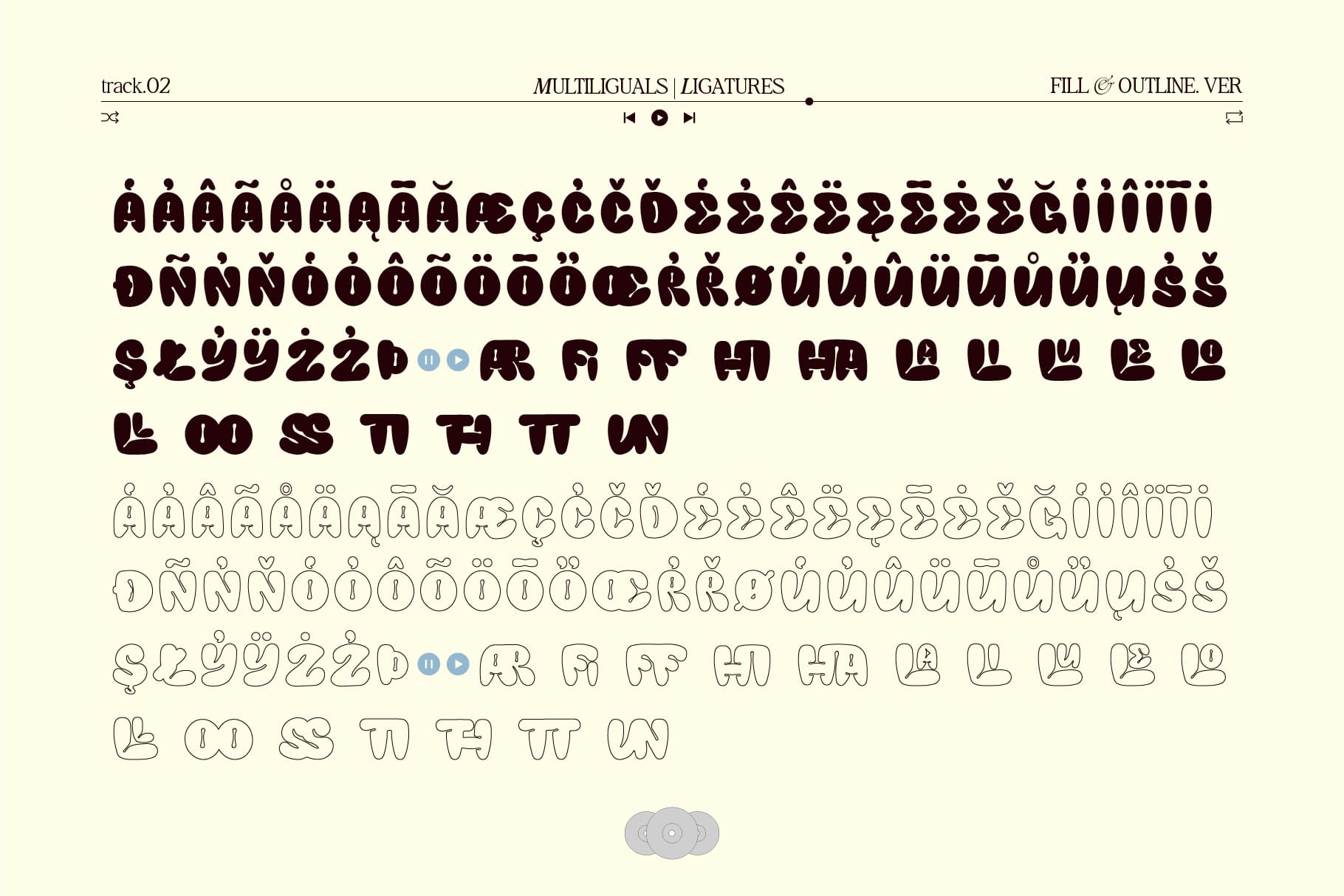 Multilingual ligatures font with fill outline versions showing Spanish Portuguese characters