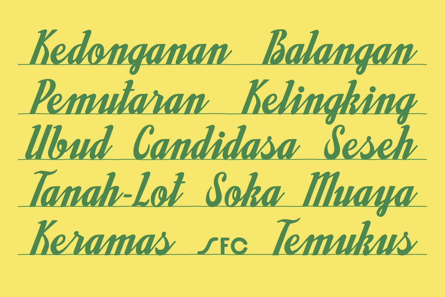 Elegant underlined script font displaying Indonesian words on bright yellow background
