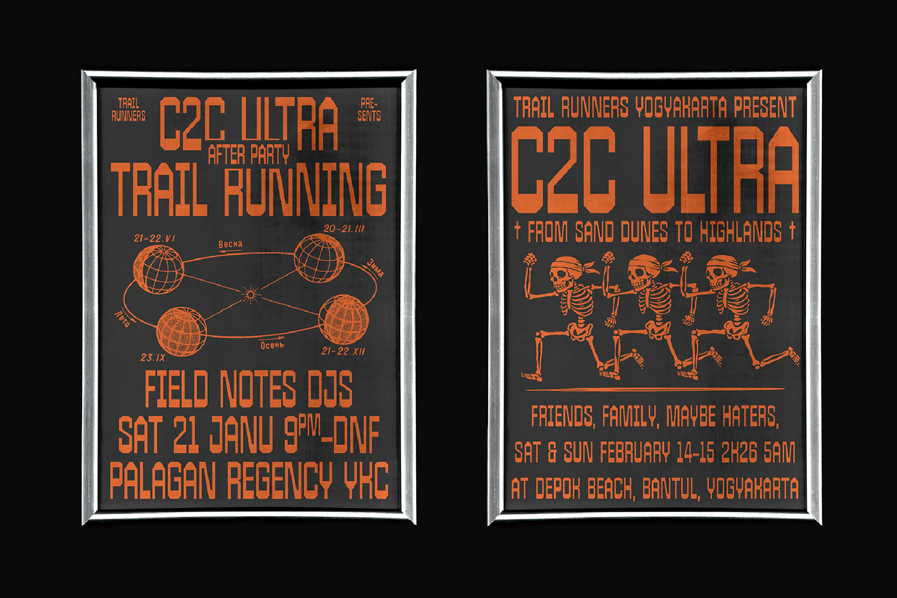 Two framed posters for C2C Ultra trail running events with orange text on dark backgrounds featuring globes plus dancing skeletons