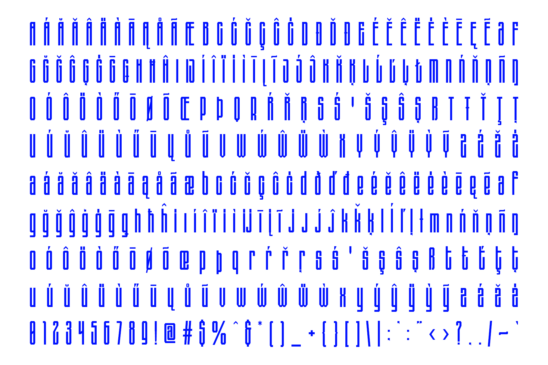 Bright blue geometric font with tall narrow letterforms, numbers, punctuation marks on white background