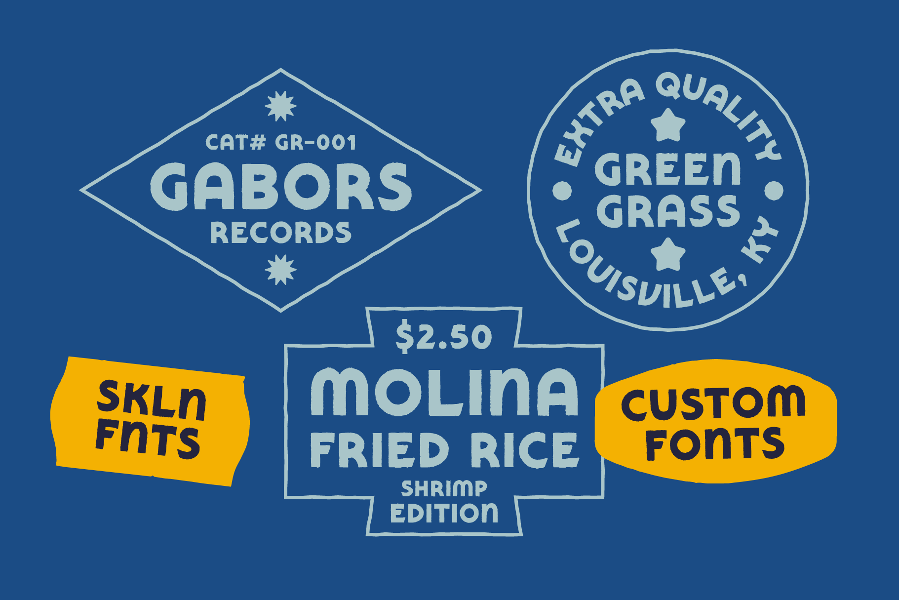 Retro badge mockups with vintage record label, quality seal, plus yellow banner shapes on blue background