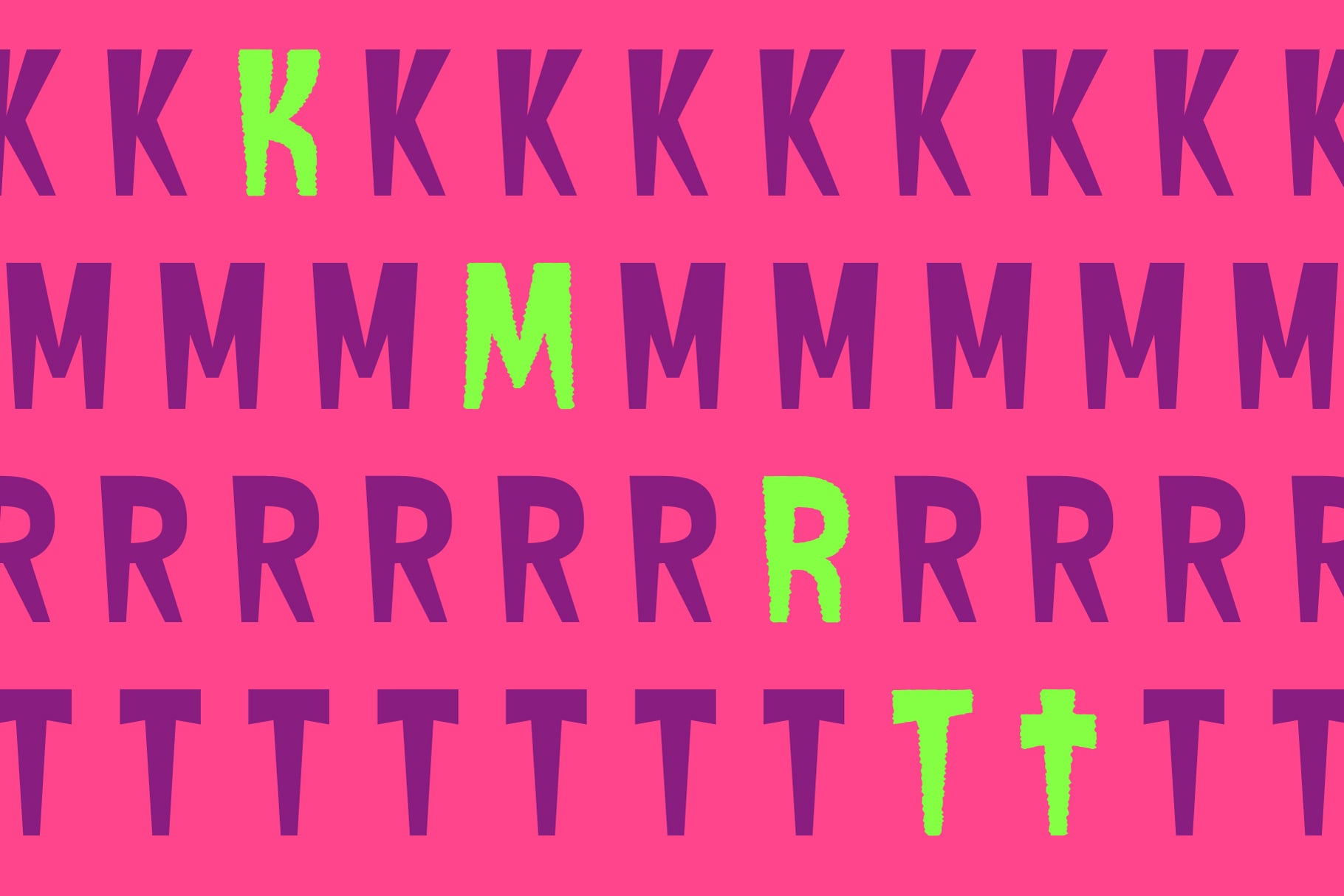 Repeating bold letters in neon green popping against hot pink background