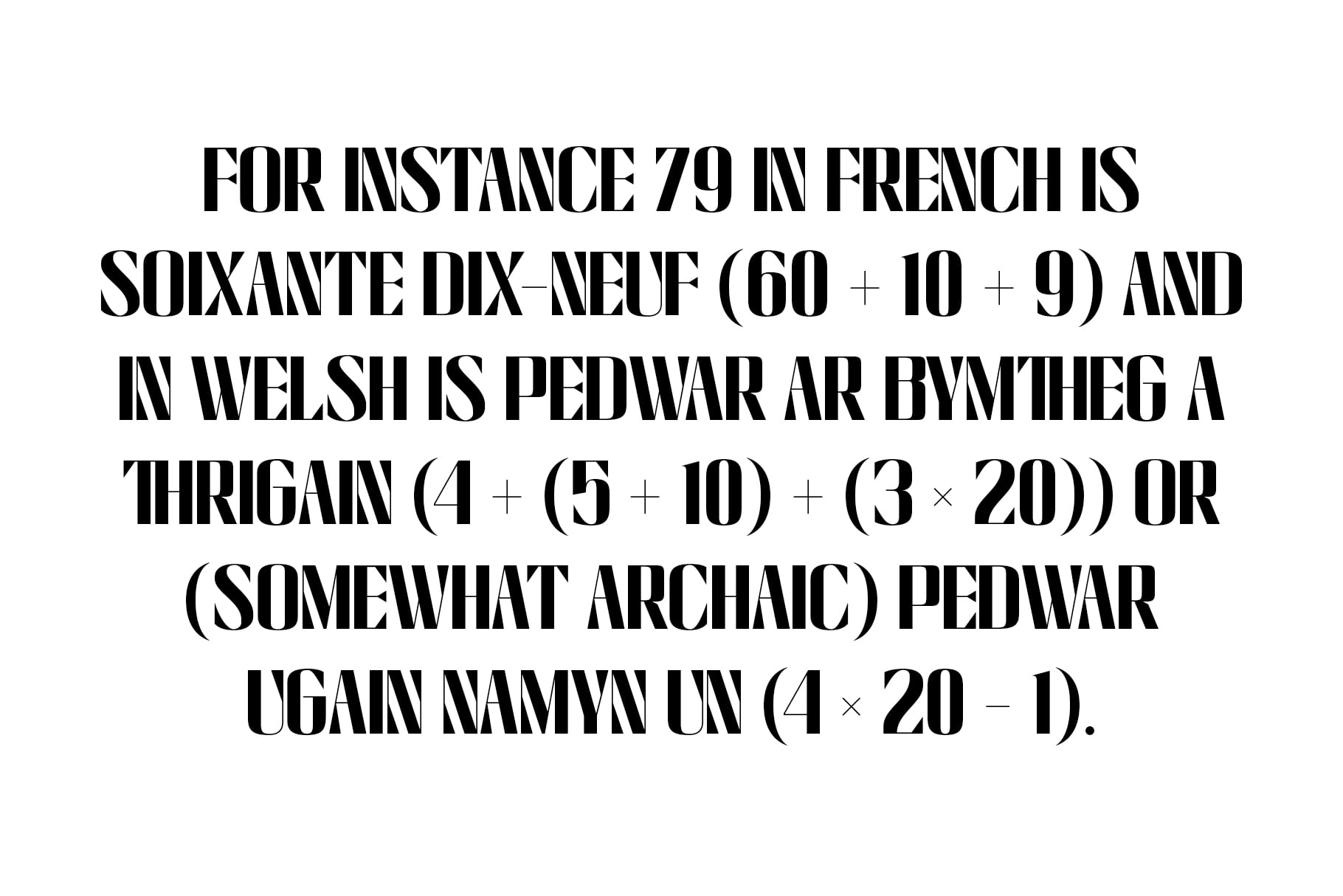 Bold serif font displaying multilingual number translations with mathematical equations