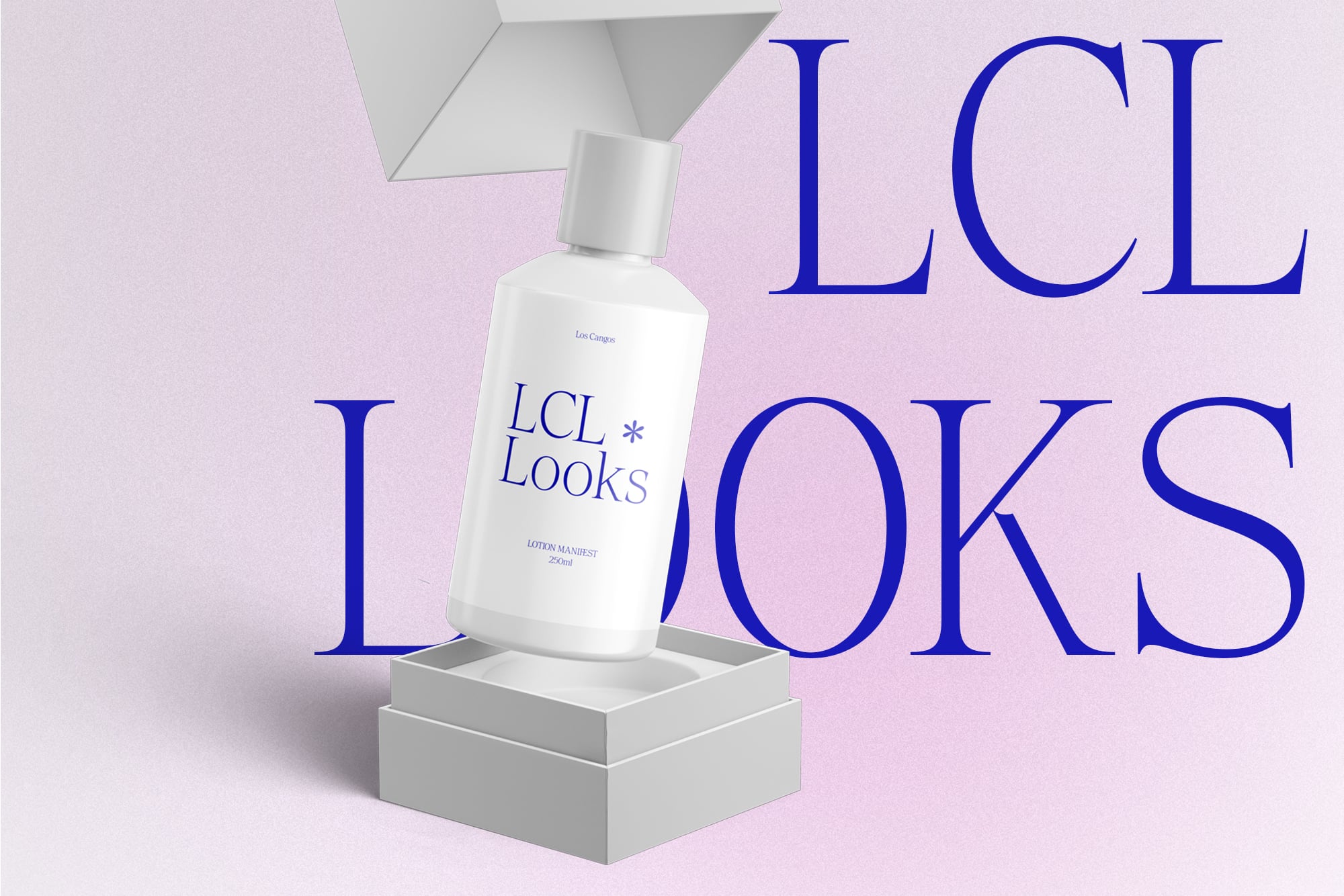 Skincare bottle mockup on geometric platform with bold blue typography on pink background