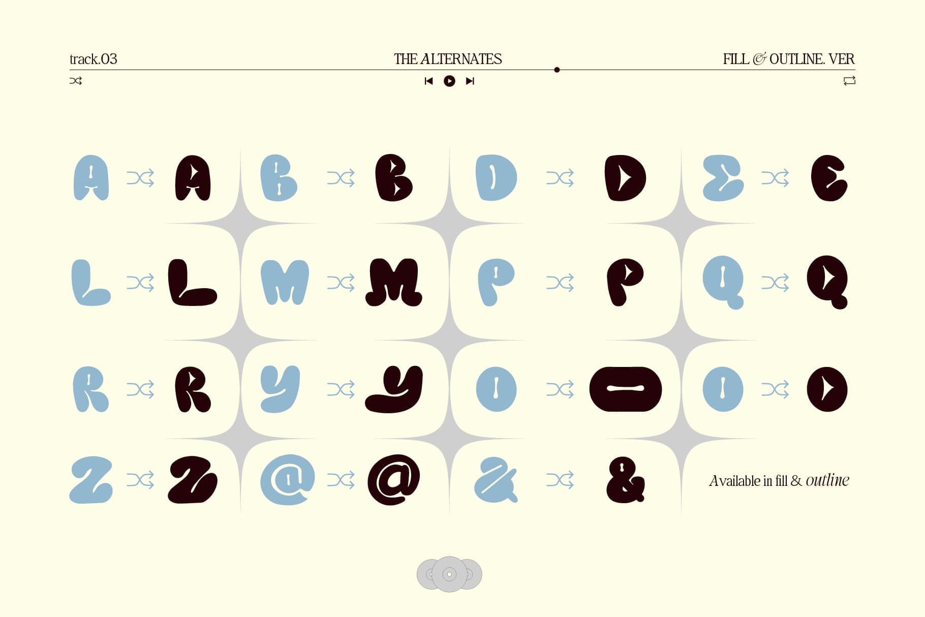 Font alternates showing letters in blue fill plus dark outline versions on cream background