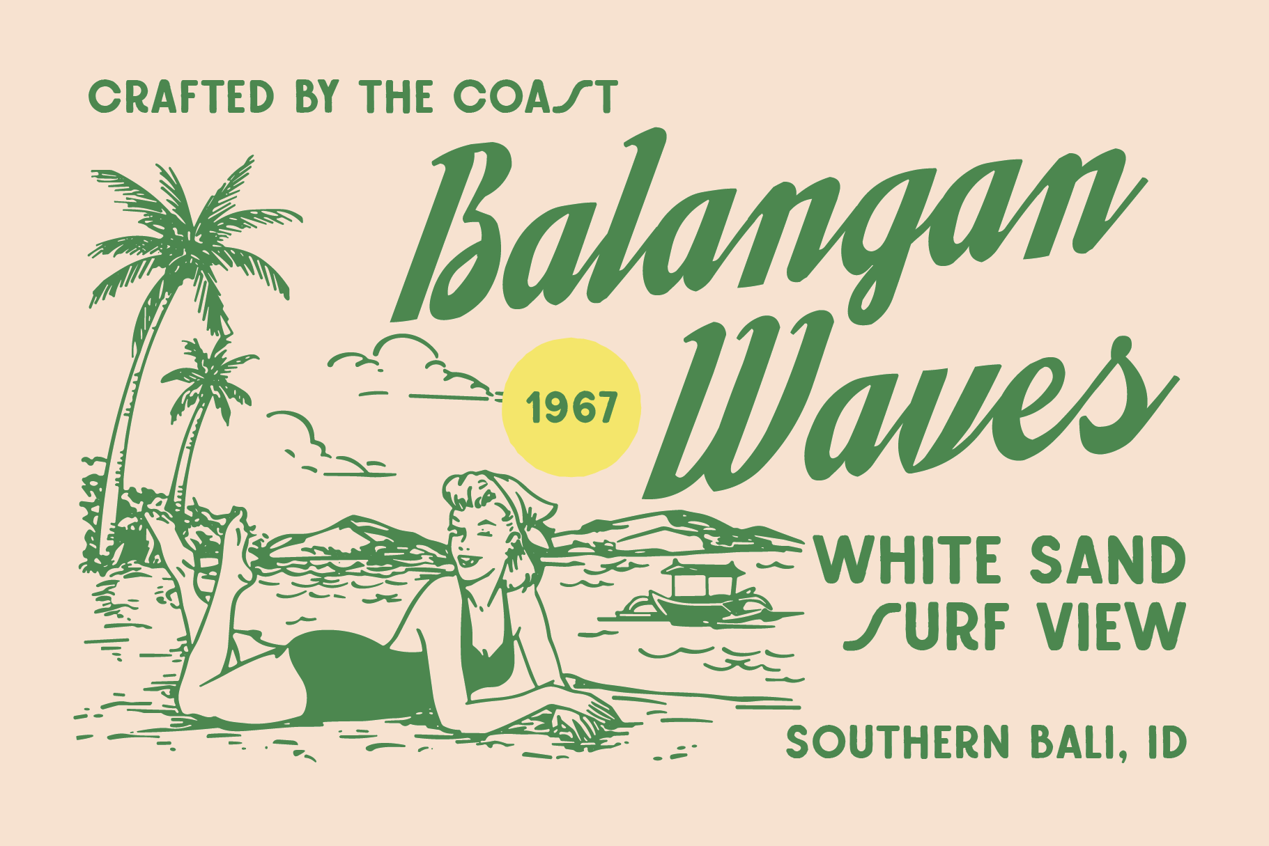 Retro beach poster with palm trees, vintage surfer girl, 1967 sun, cream background
