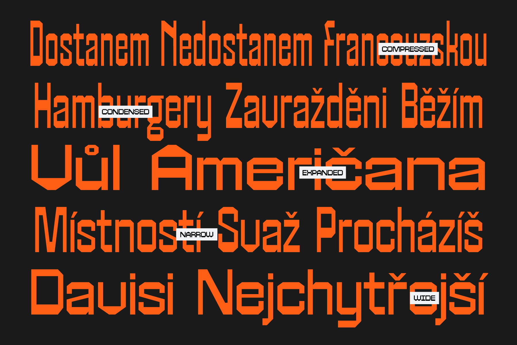 Bold orange sans serif font family with compressed, condensed, expanded, narrow, plus wide widths