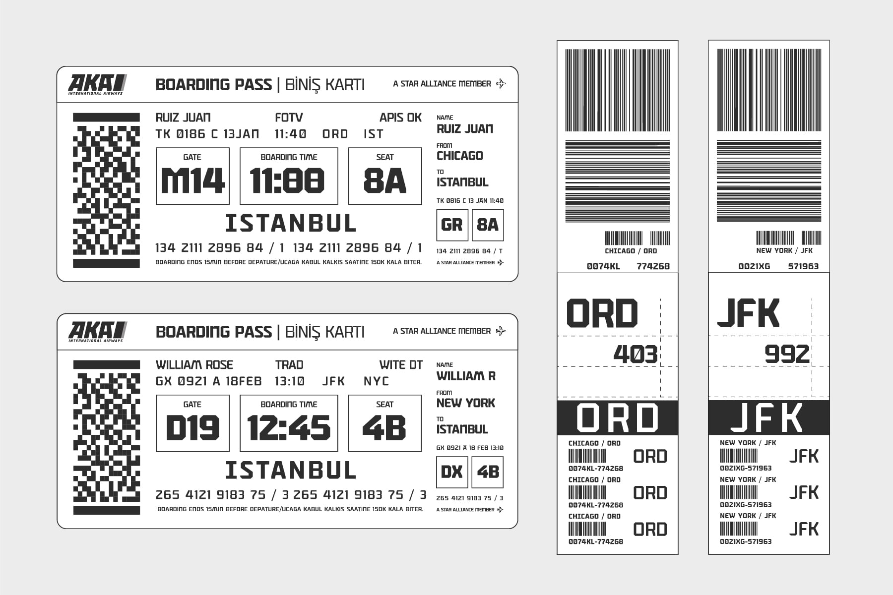 Airline boarding pass mockup with QR codes, passenger details, gate info, seat numbers, barcodes for Chicago, New York, Istanbul routes