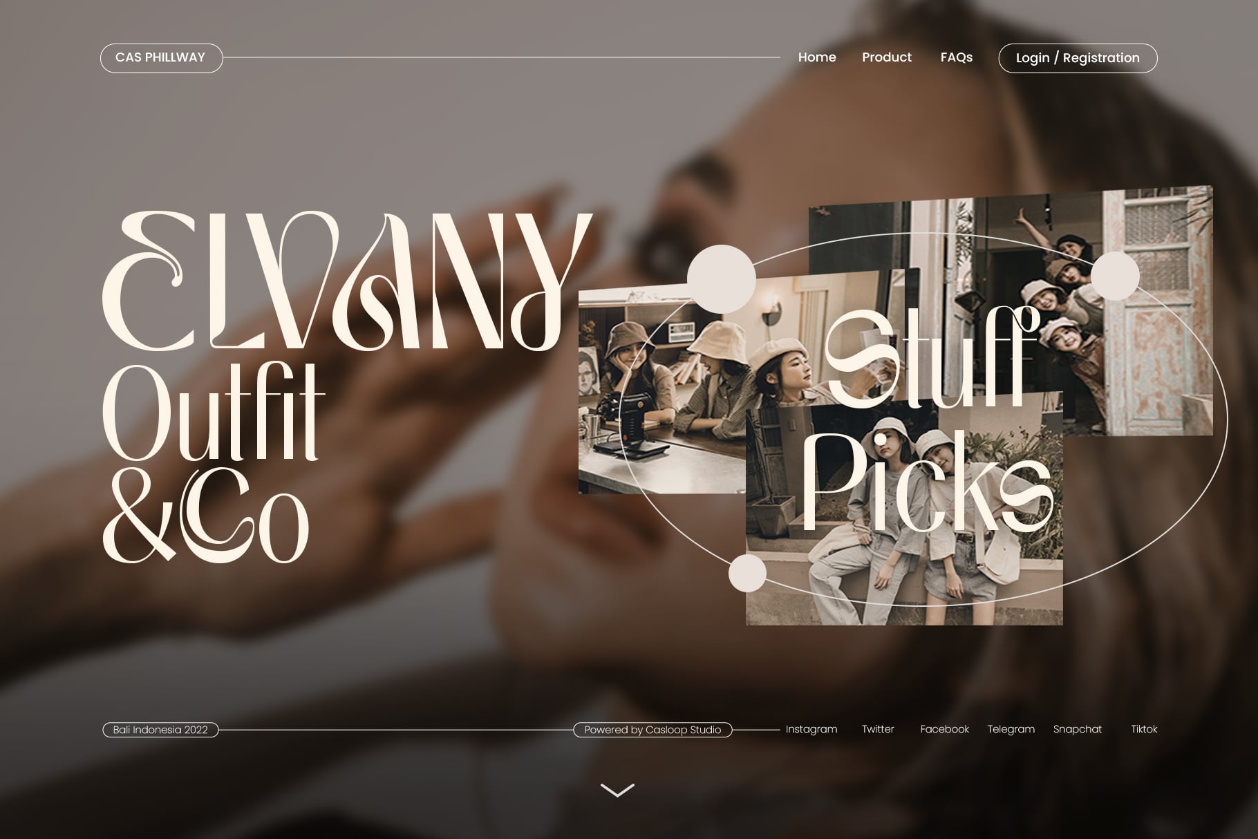 Elegant fashion website header with serif typography, vintage photo collage, circular design elements with dots