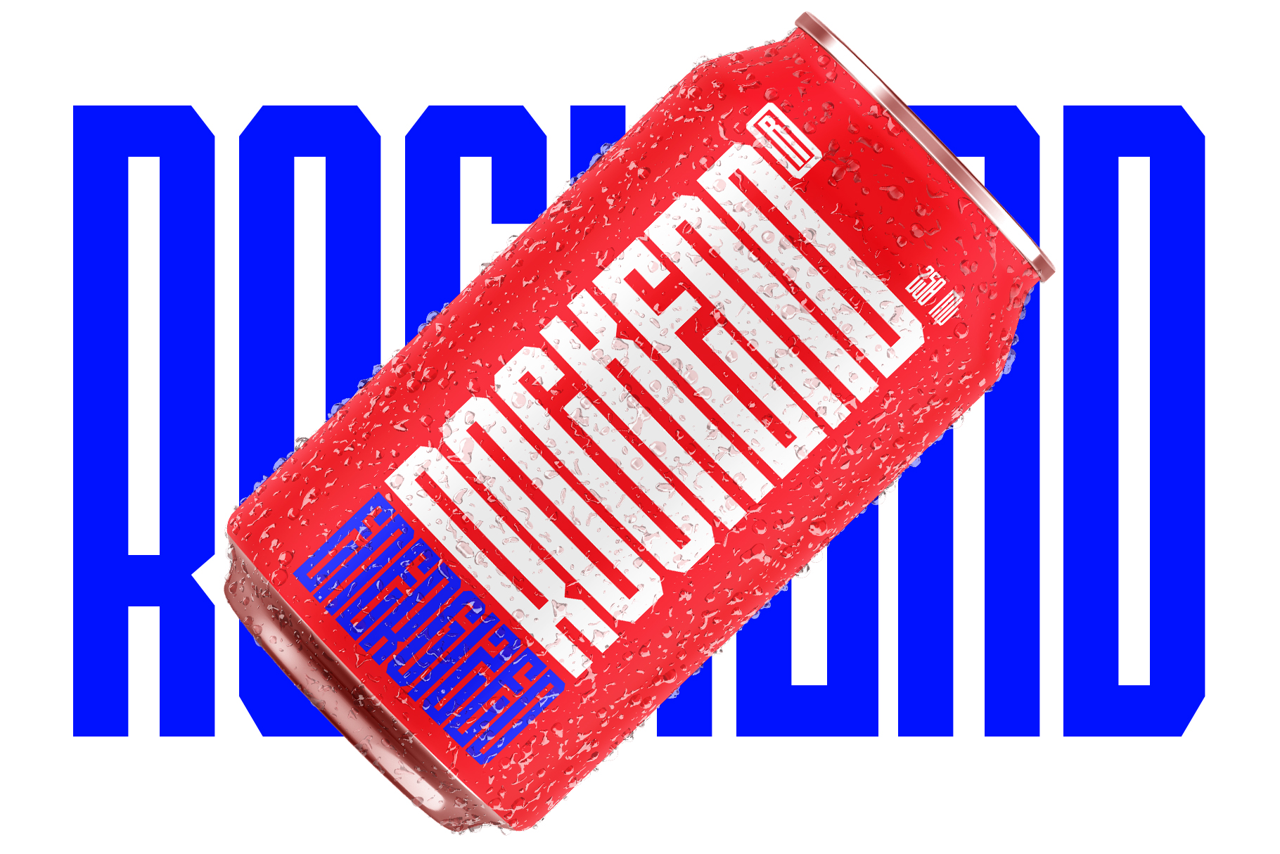 Red soda can with condensation tilted over bold blue retro typography background