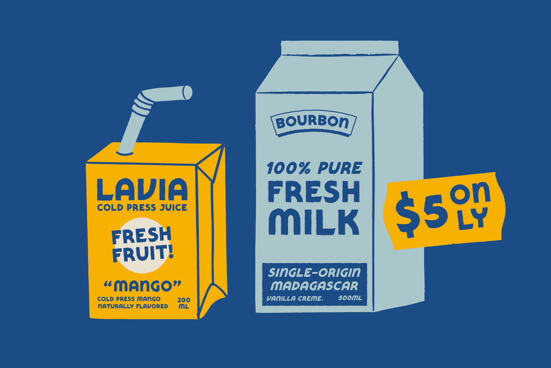 Retro juice carton with straw next to milk carton with price tag on blue background