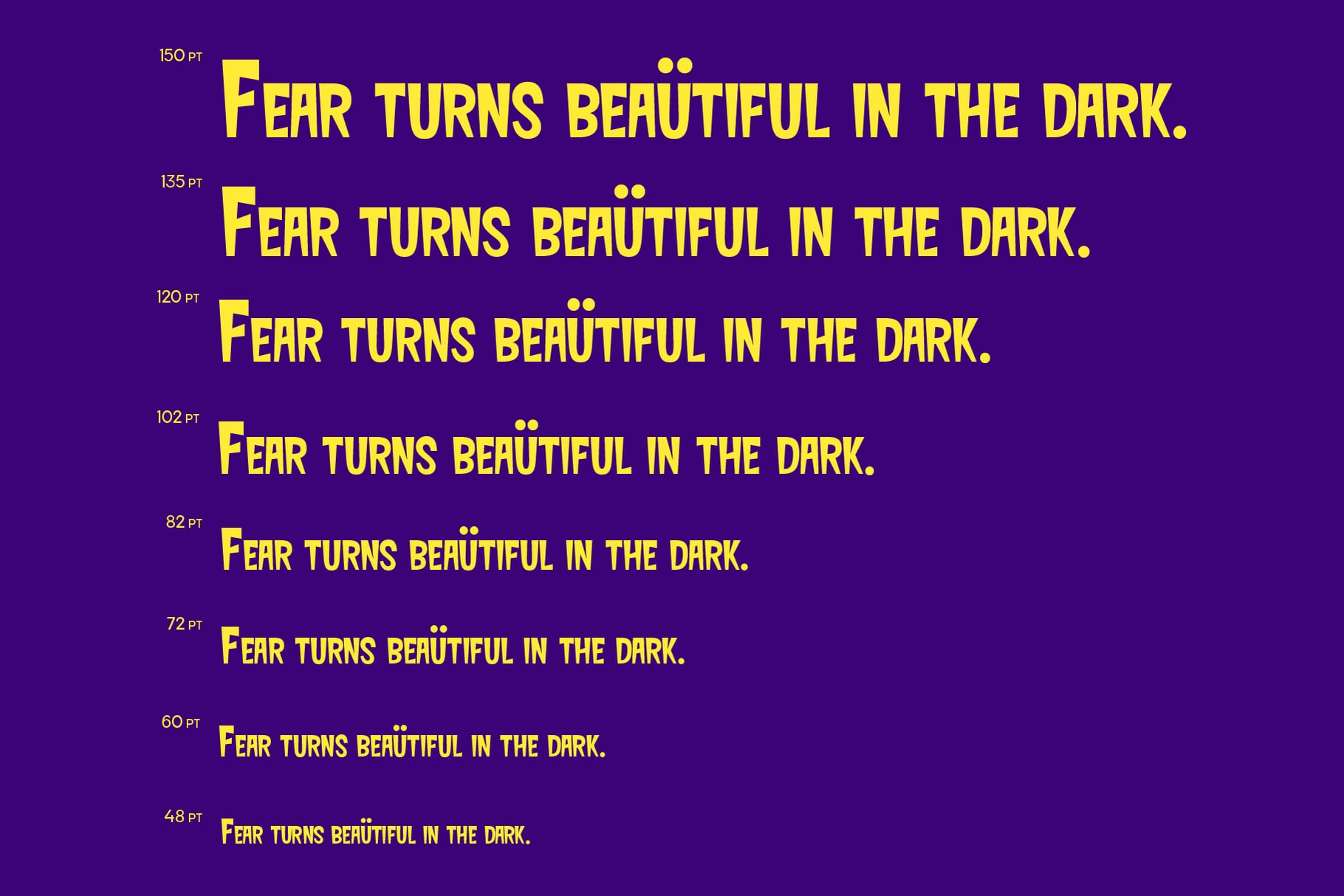 Bold yellow font specimen on deep purple showing size variations from 48pt to 150pt