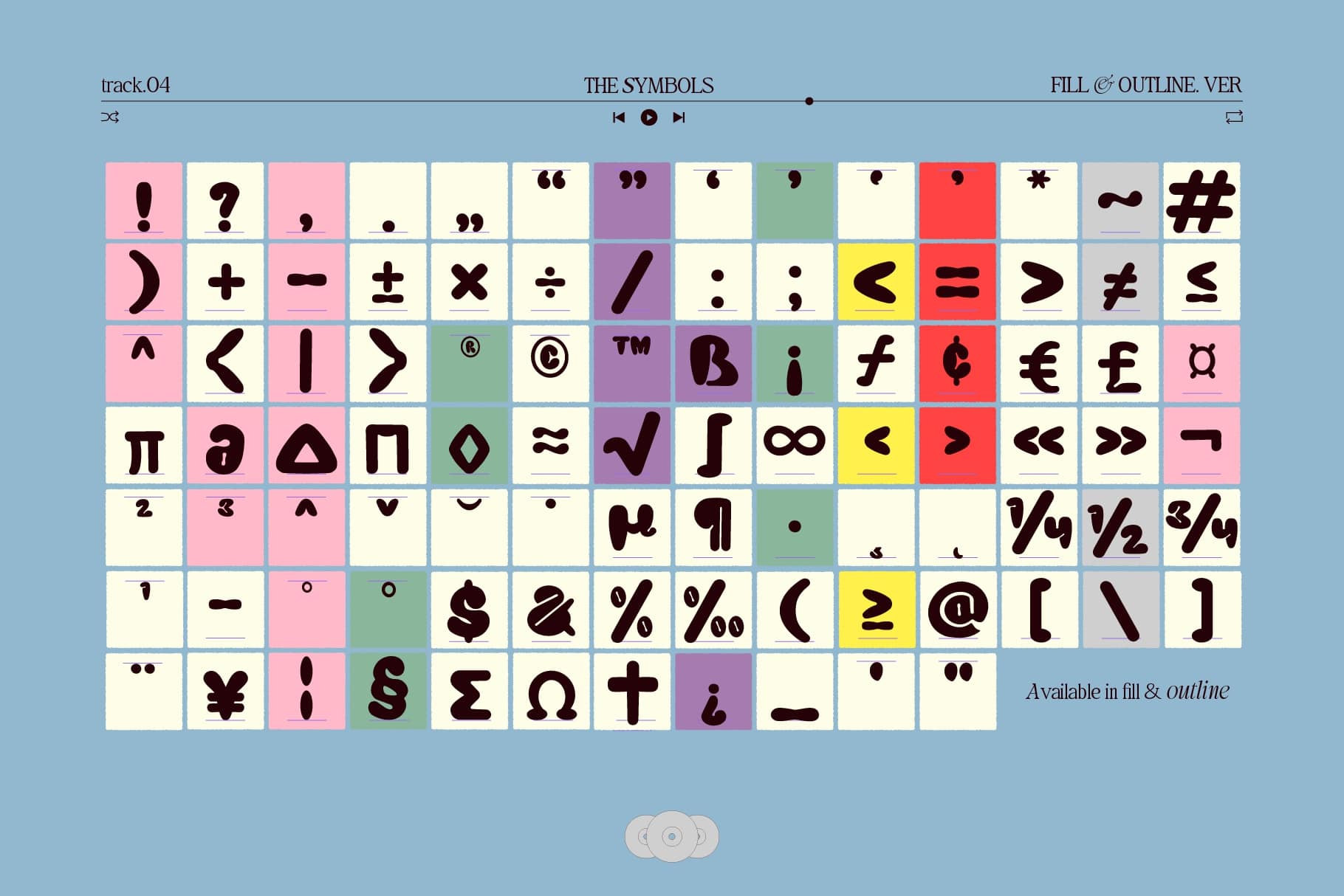 Grid of punctuation marks, symbols, currency signs, mathematical operators in bold black on colorful squares