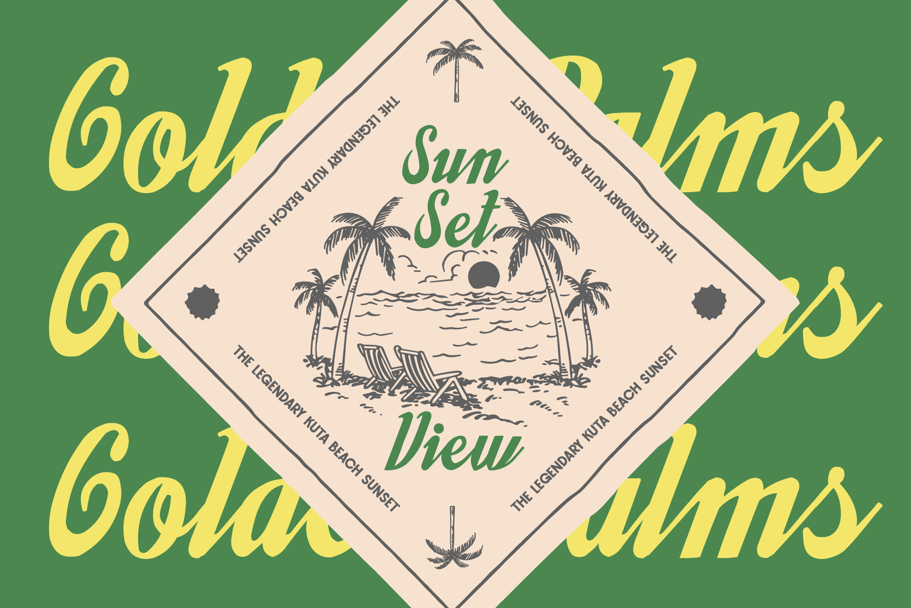 Retro beach label mockup with palm trees, lounge chairs, sun, rotated diamond shape on green background