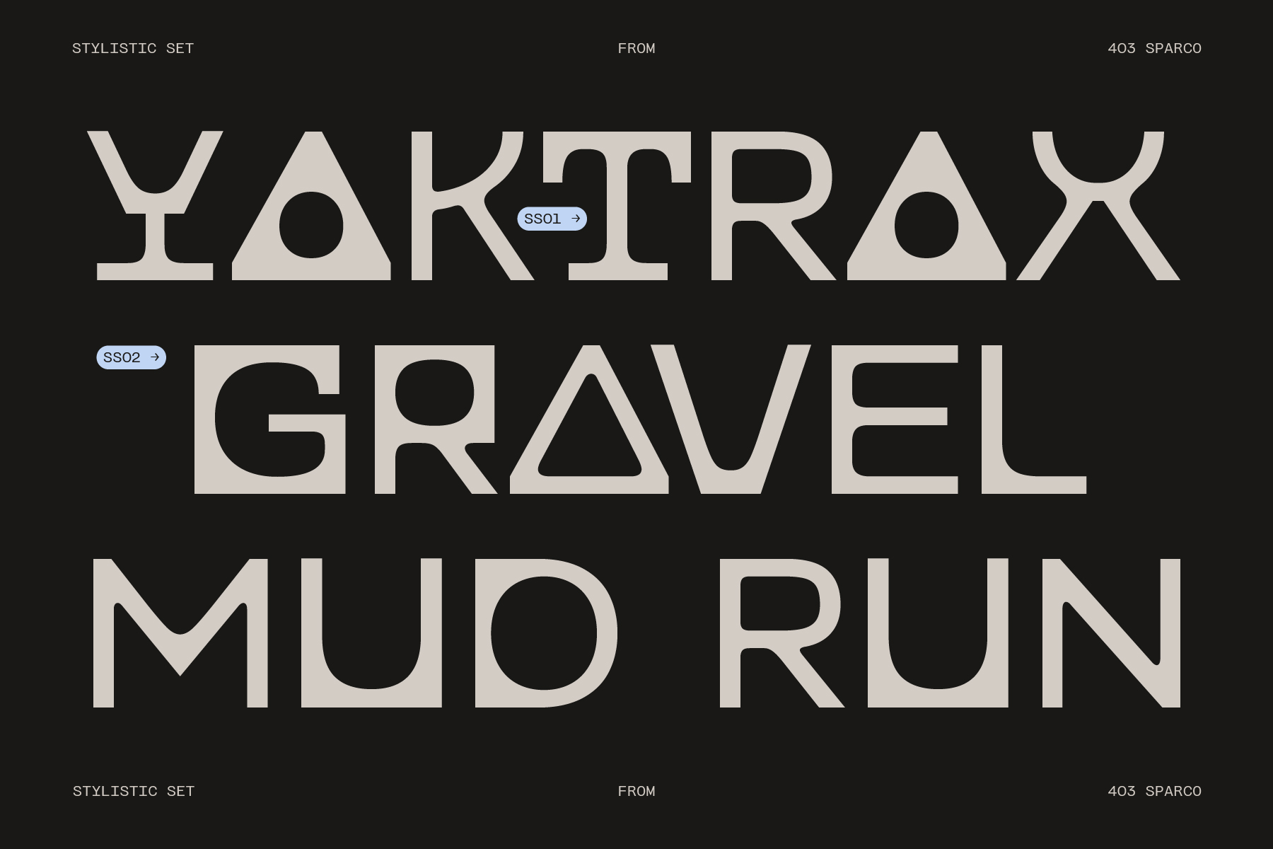 Bold geometric typeface sample showing Yaktrax, Gravel, Mud, Run in cream on dark background