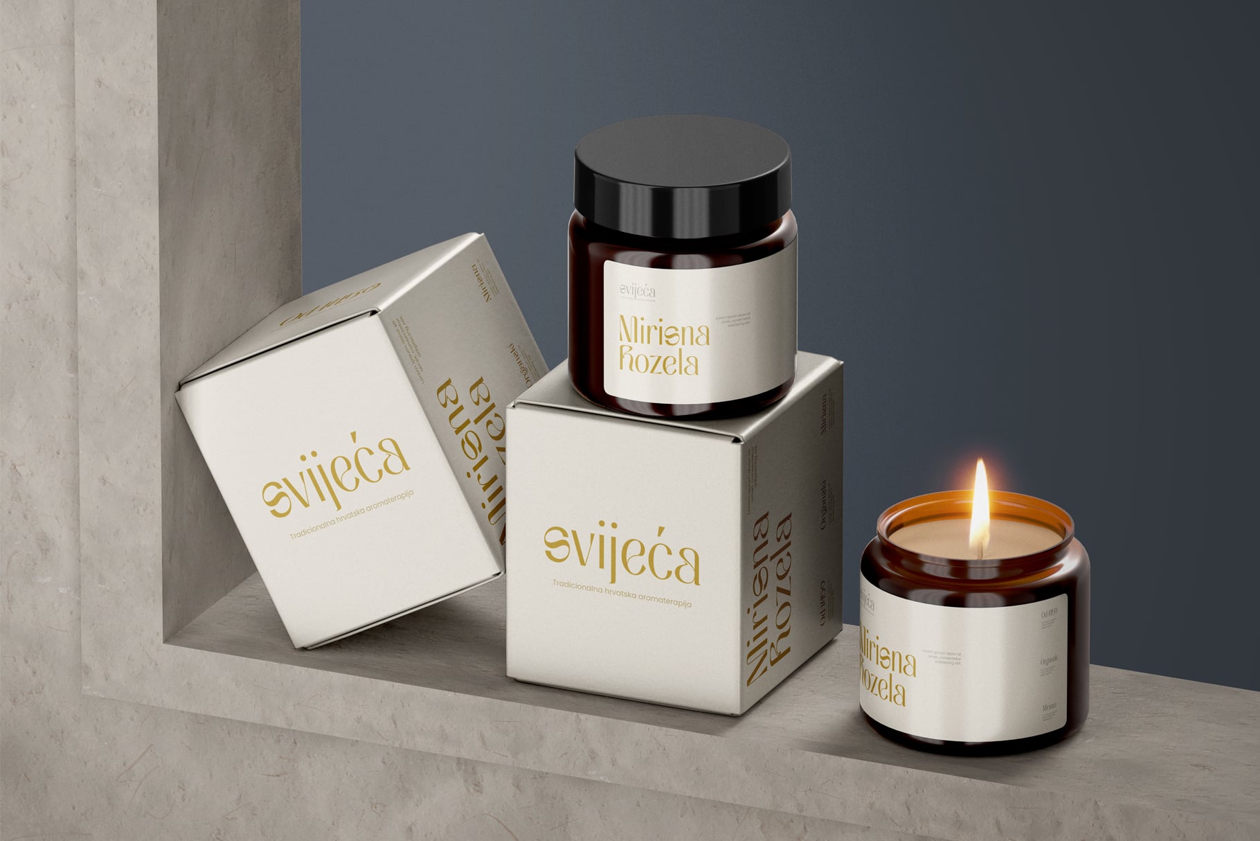 Luxury skincare product line mockup with cream jars, boxes, lit candle in amber glass containers with gold foil labels