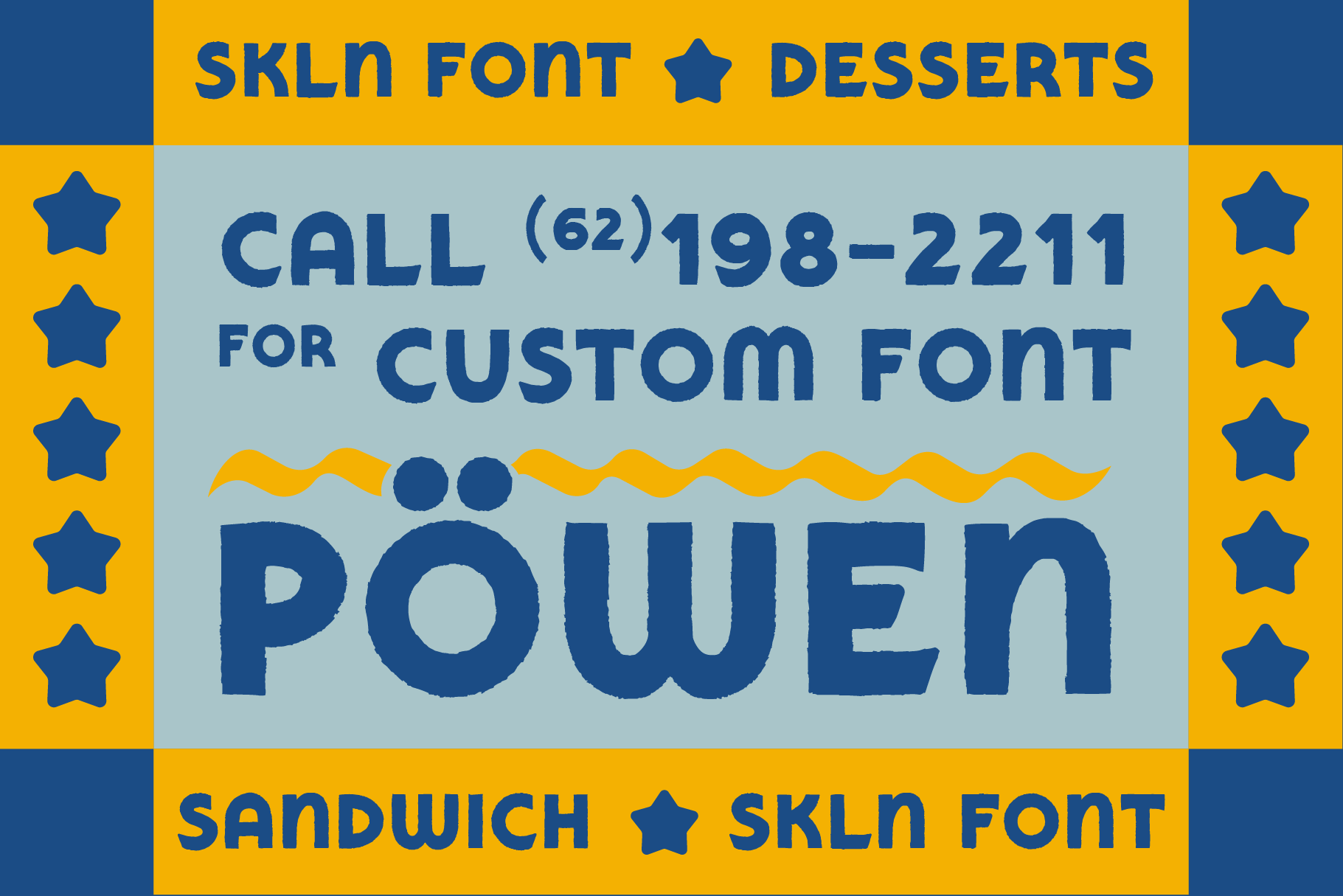 Bold blue SKLN font on yellow, light blue background with star decorations showing "POWEN" text mockup