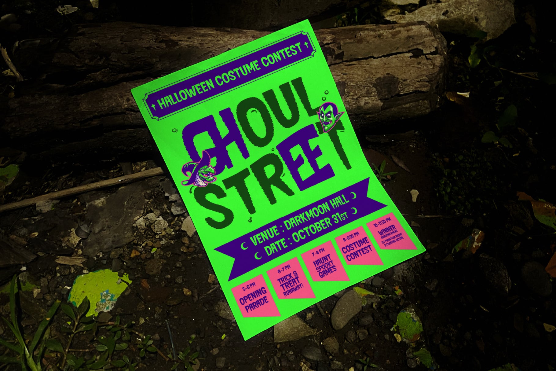 Neon green poster for Halloween costume contest on grungy ground with purple text details
