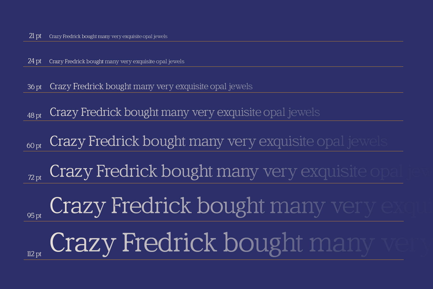 Font size comparison chart showing Fredrick serif typeface from 21pt to 112pt on deep blue background