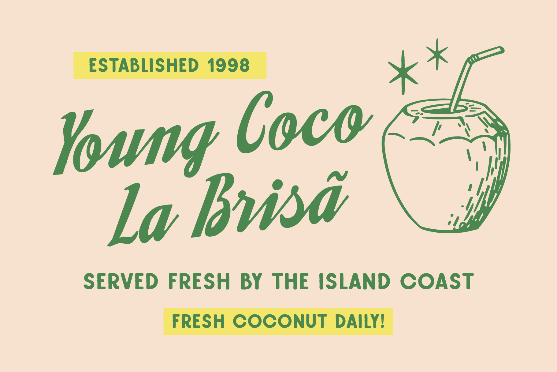 Retro coconut drink poster with green script lettering, yellow highlight bars, line art coconut on cream background