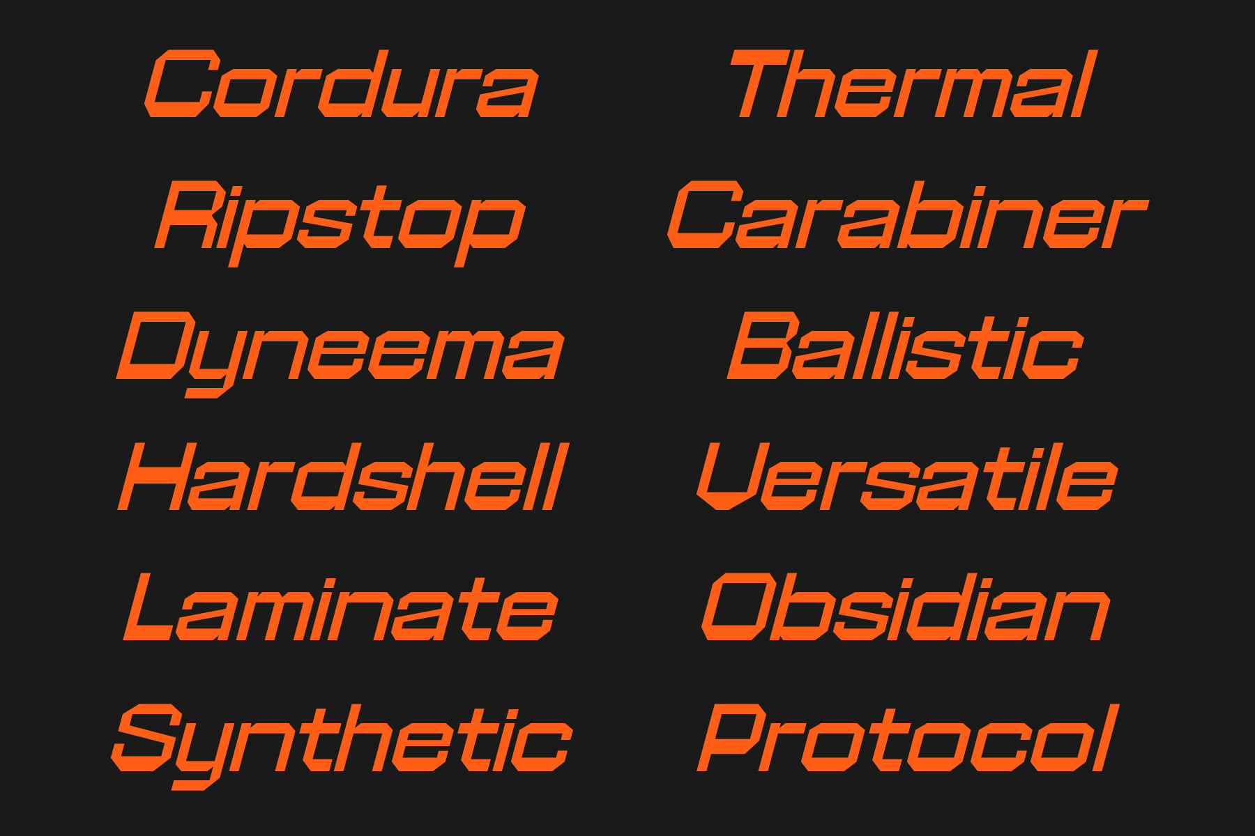 Bright orange italic typeface showing 12 font names on dark background