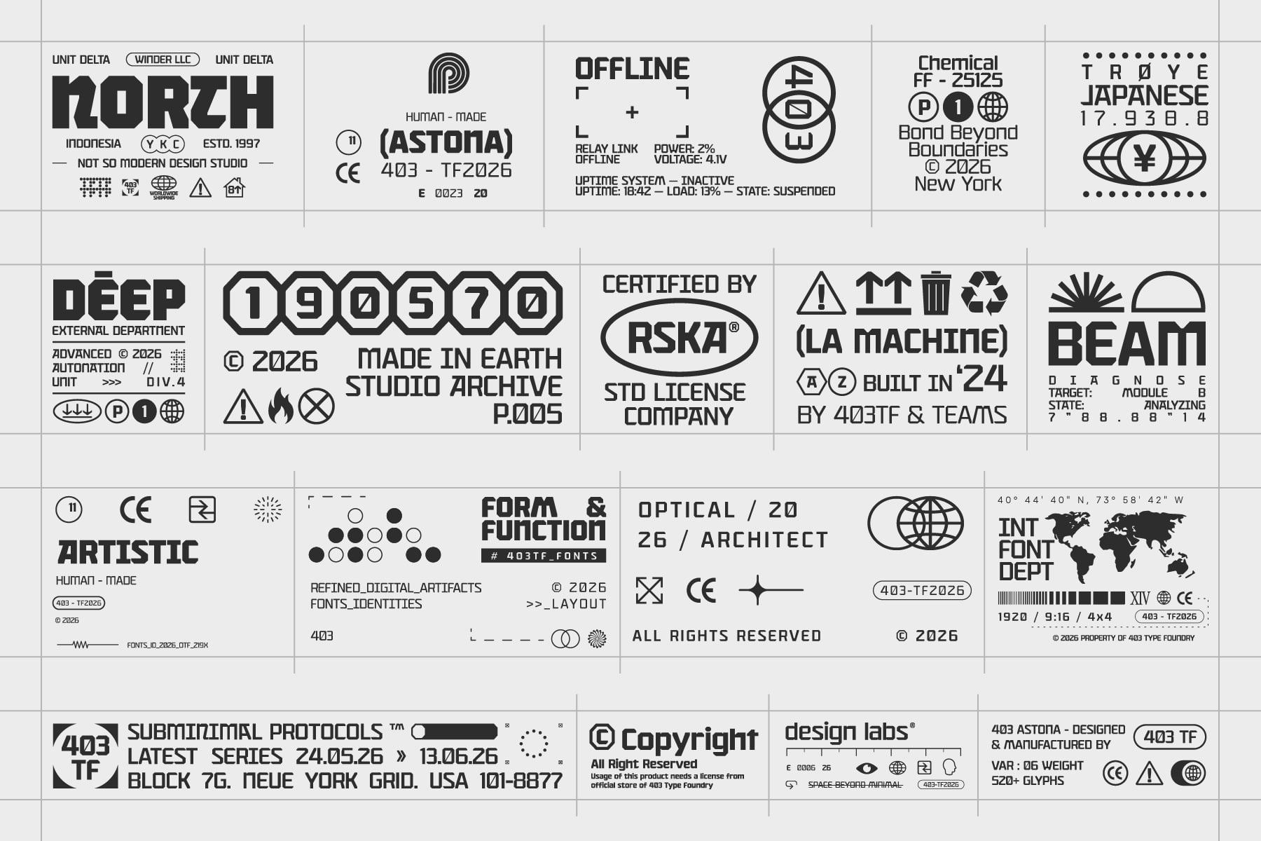 Grid of retro tech labels with bold typography, certification marks, industrial symbols, studio branding, coordinates, year stamps across gray background
