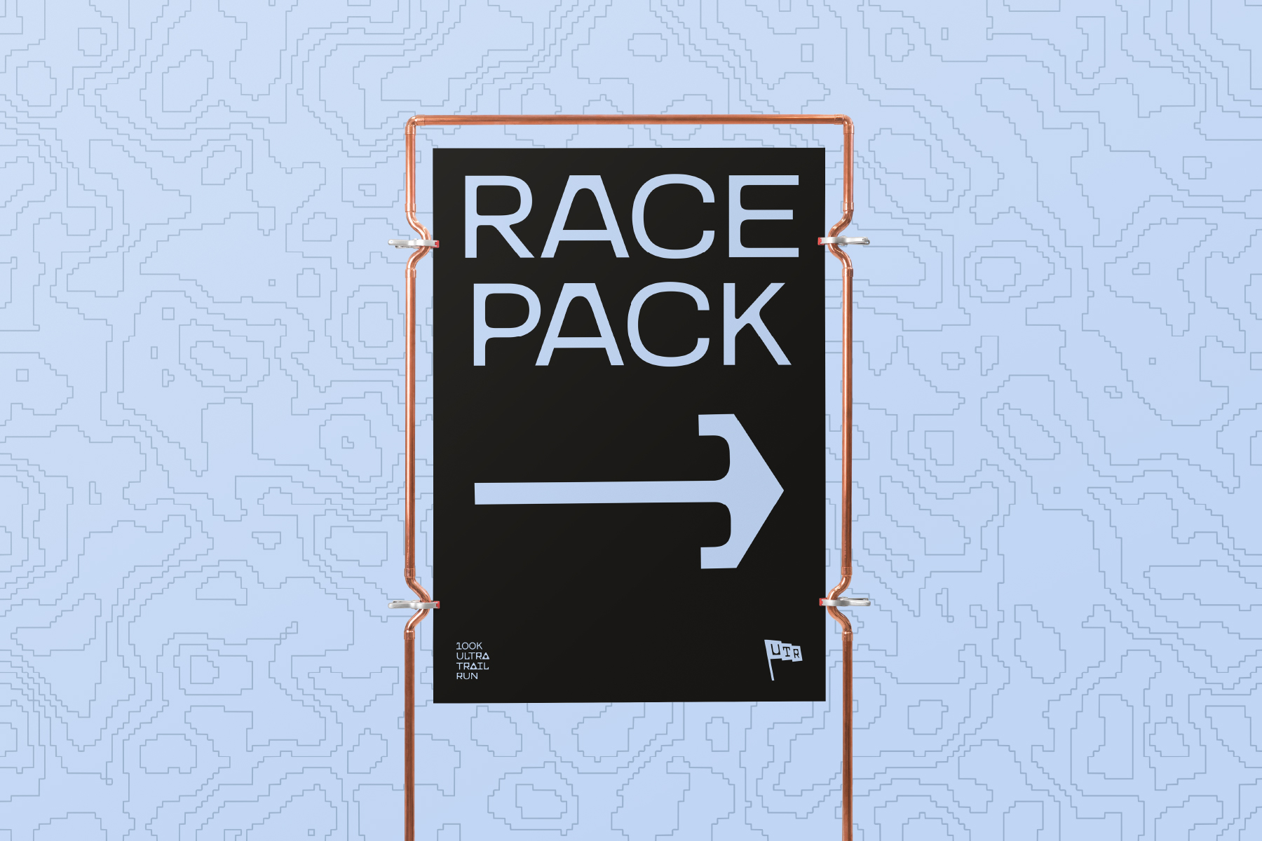 Race Pack poster mockup with orange frame on light blue geometric background
