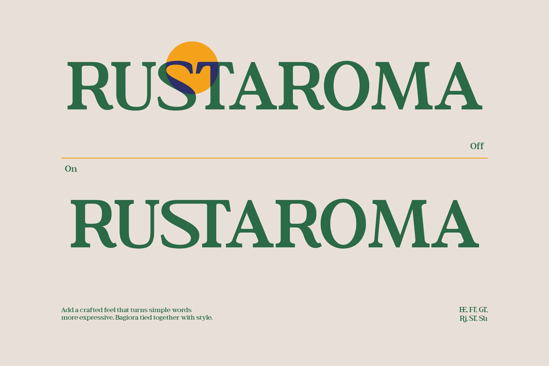 Rustaroma serif font with on/off toggle showing logo lockup variations