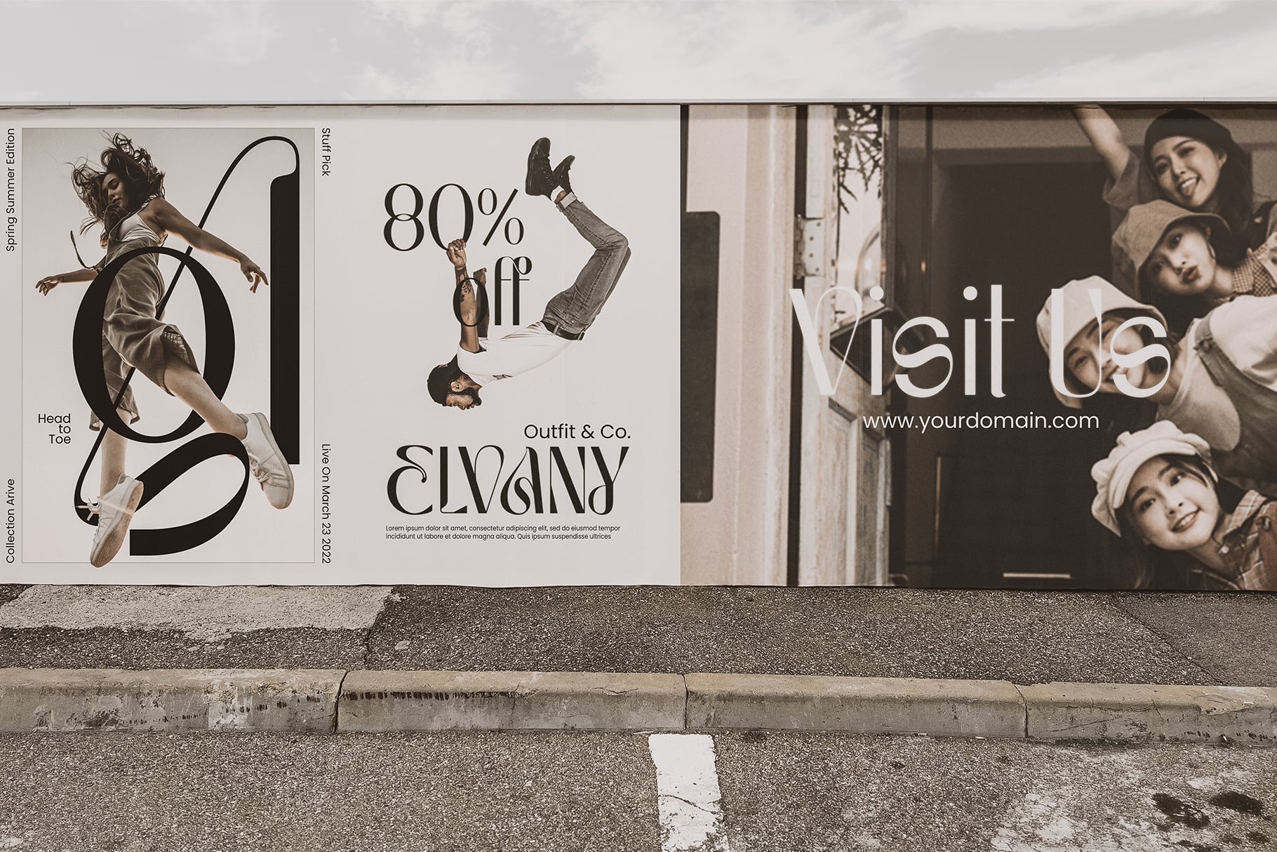 Three fashion brand storefront mockups with sepia tones, bold typography, sale promotions, model photography